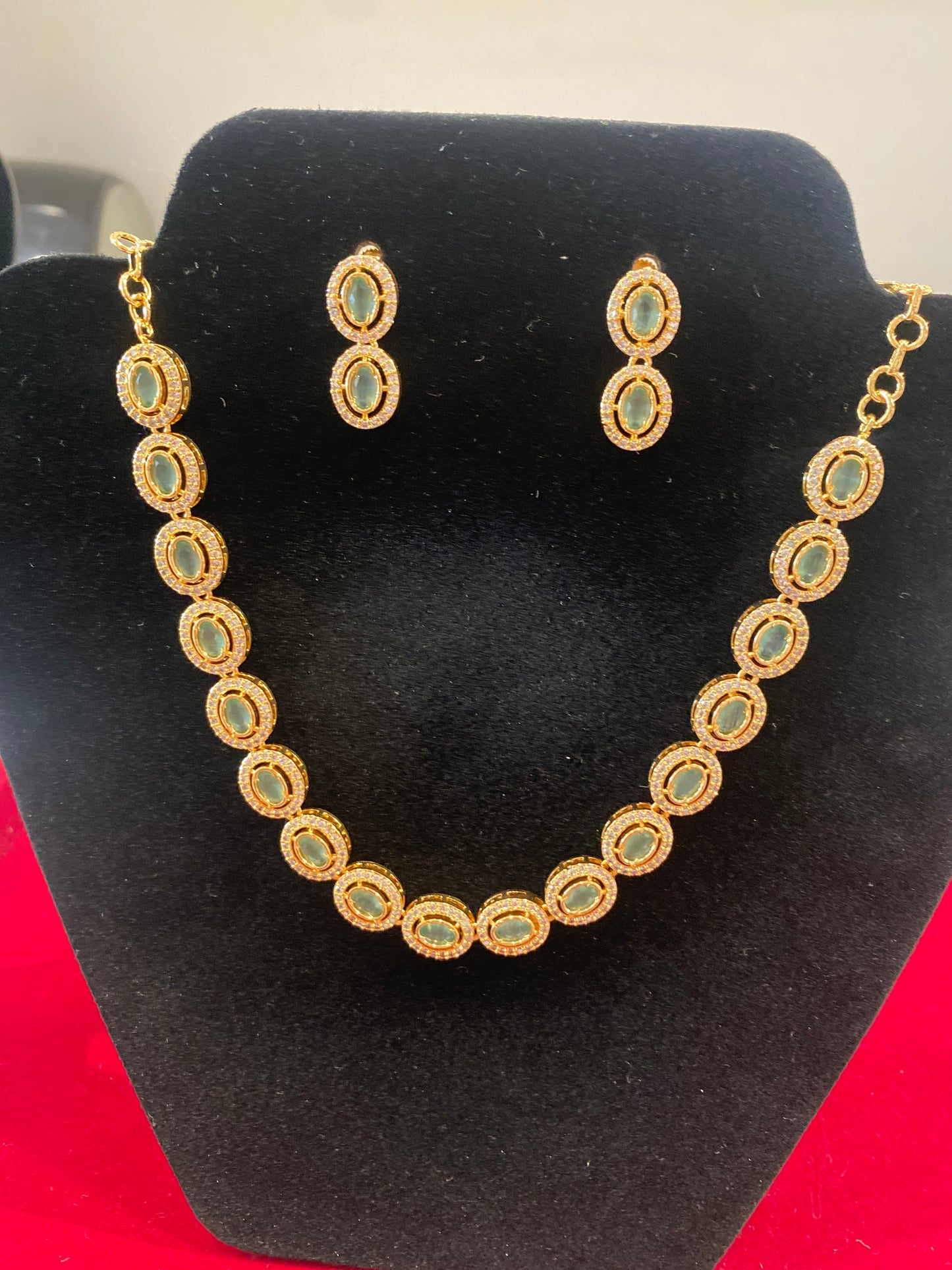 Beautiful Teal Green and White Stones Gold Plated Necklace With Earrings Set For Women