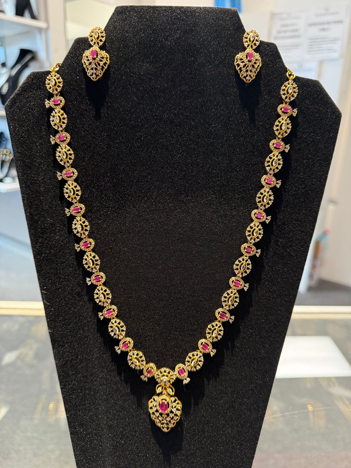 Beautiful Gold Plated Pink And White Color Stones Long Necklace Set For Women