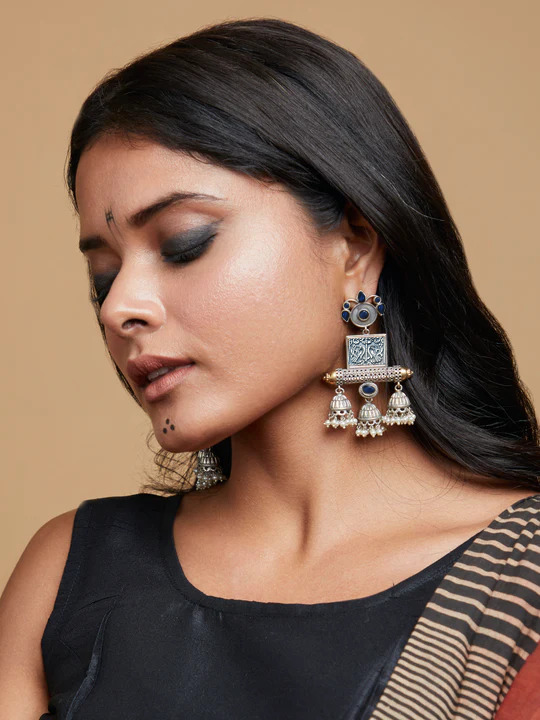 Silver Oxidized Pear Beaded Dangler Earrings In Chandler