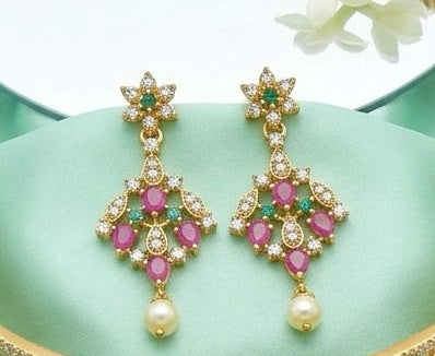 Charming Pink Stones Gold Plated Necklace With Pearl hangings And Earrings For Women