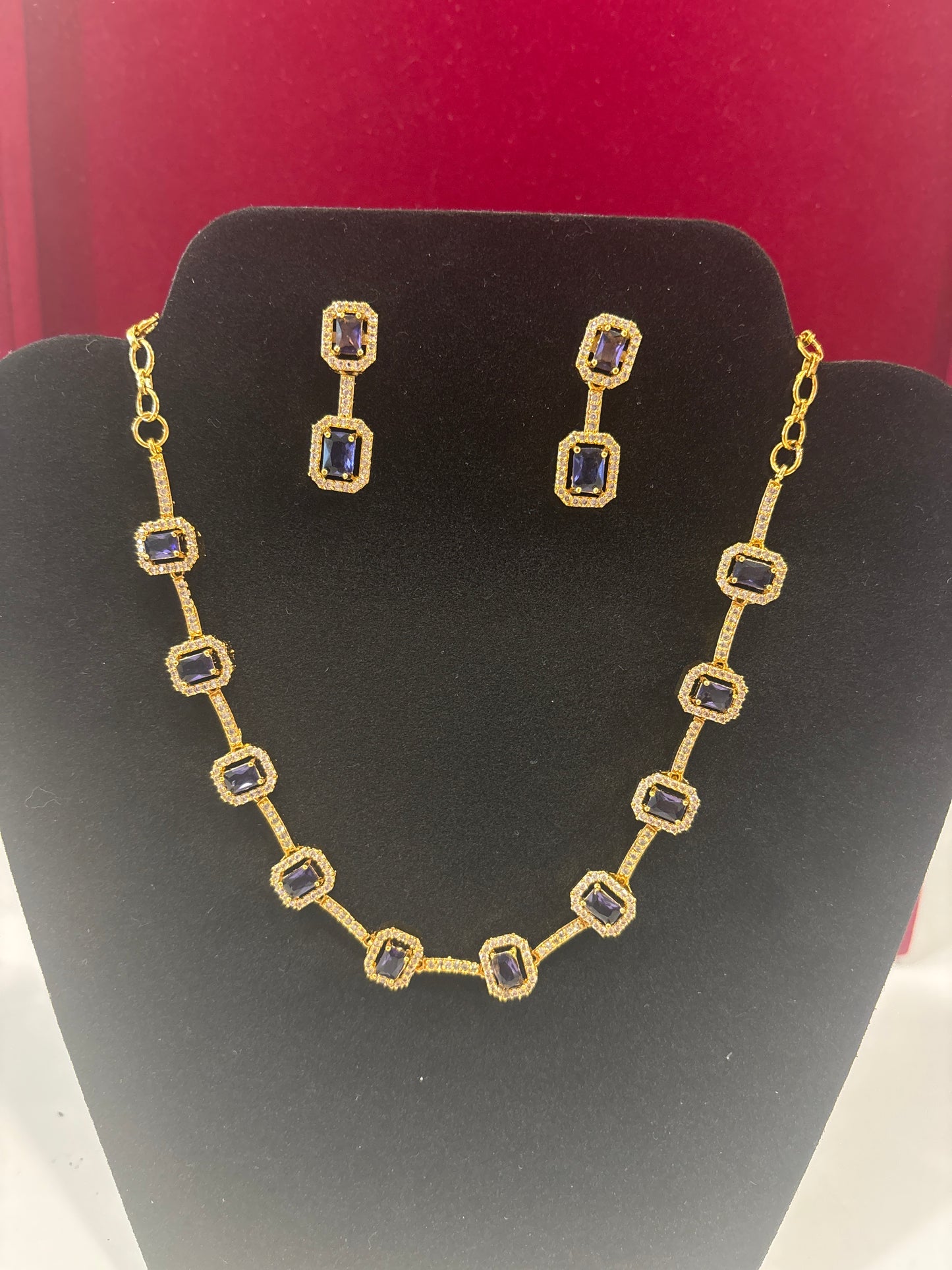 Elegant Purple And White Stones Studded Gold Plated Necklace With Earrings