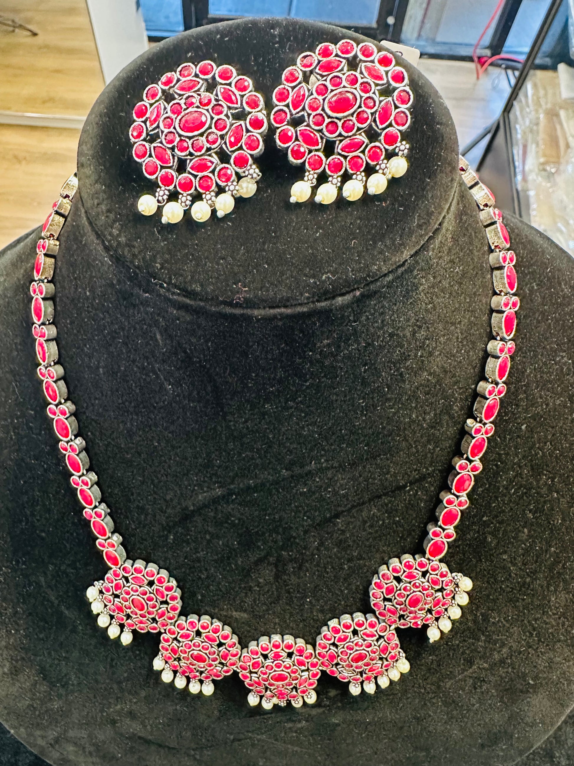 Beautiful Dark Pink Color With White Beaded Necklace With Earrings