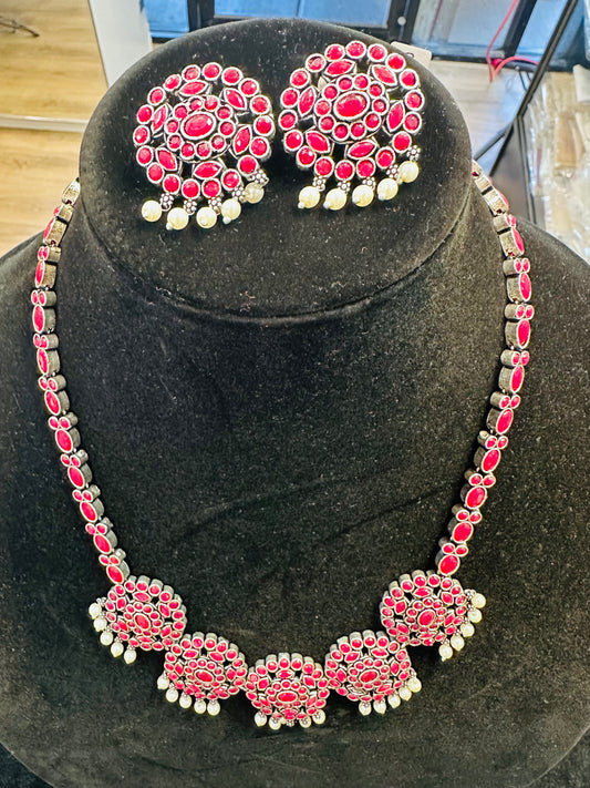 Beautiful Dark Pink Color With White Beaded Necklace With Earrings