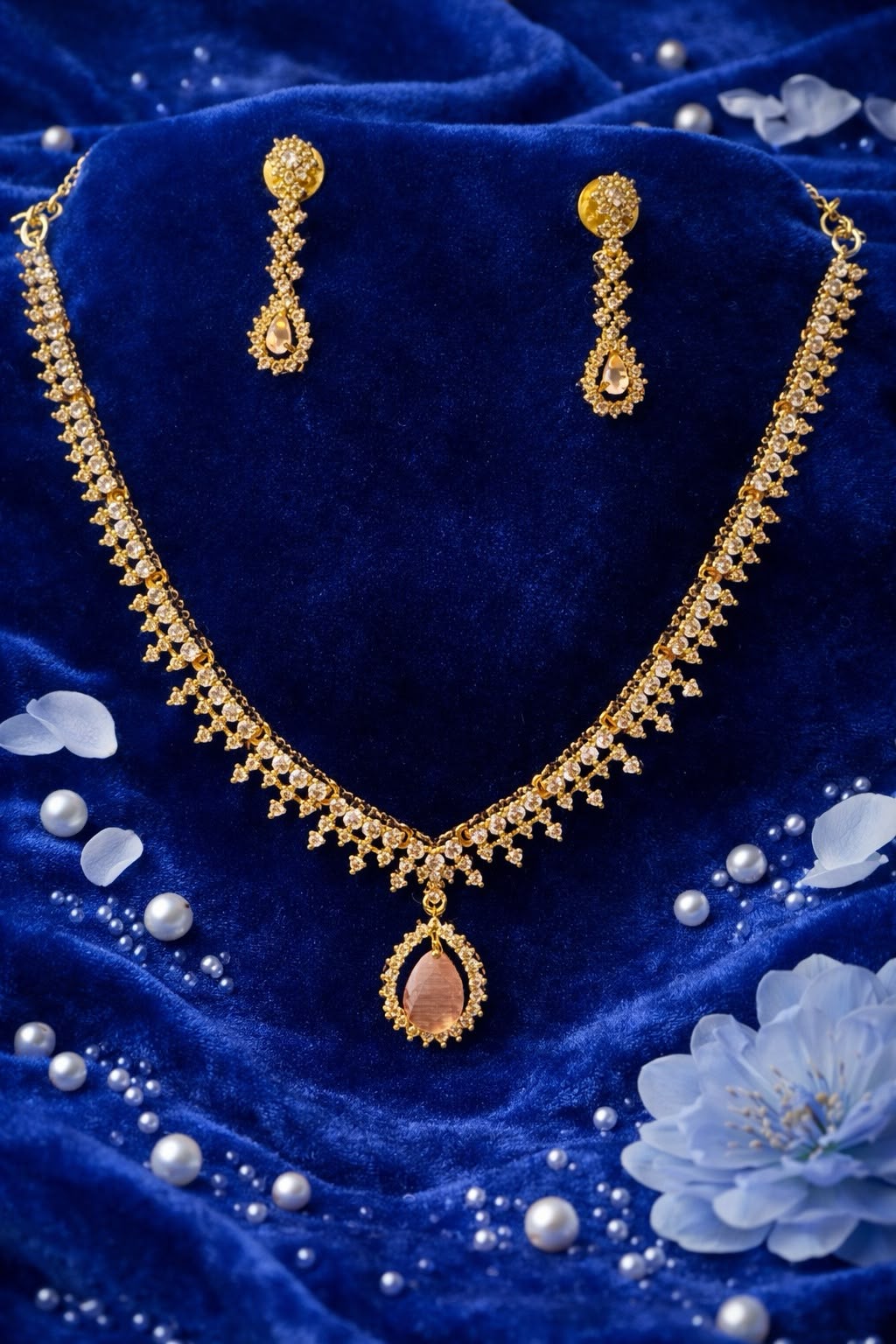 Alluring Peach And White Color Stones Gold Plated Necklace Set