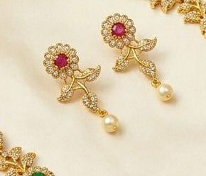Dazzling Green And Red Stones Floral Design Gold Plated Necklace With Earrings For Women