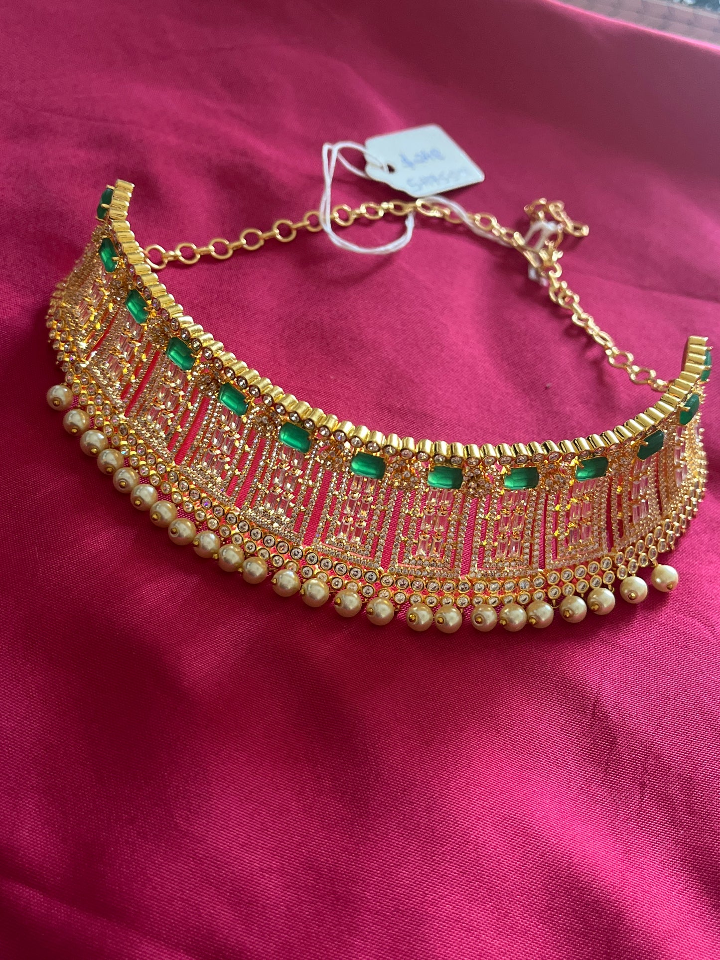 Exquisite Green And White Color Stone Designed Gold Plated Necklace Near Me