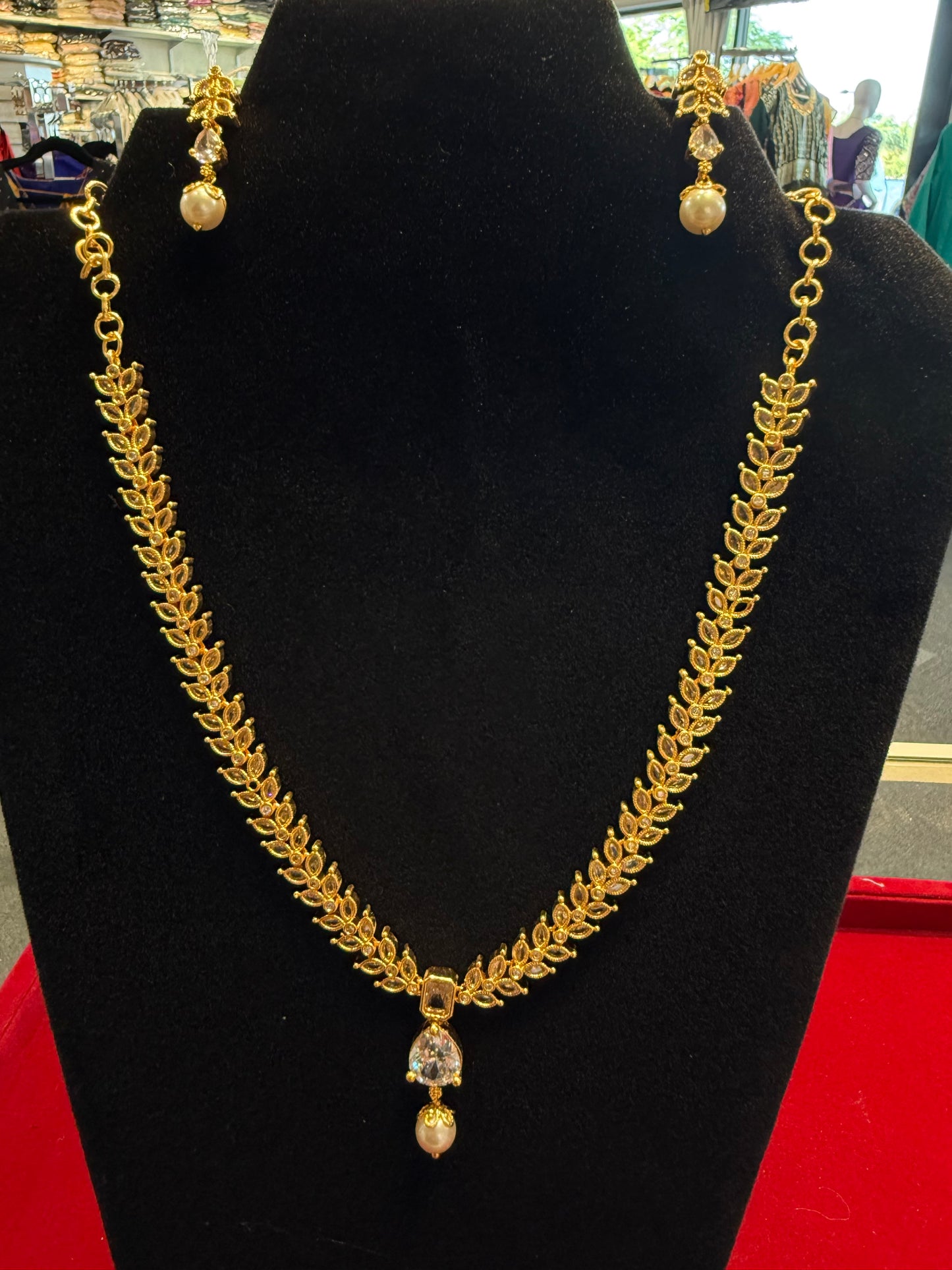 Elegant Gold plated & Pearl Hanging Necklace Set with Earrings