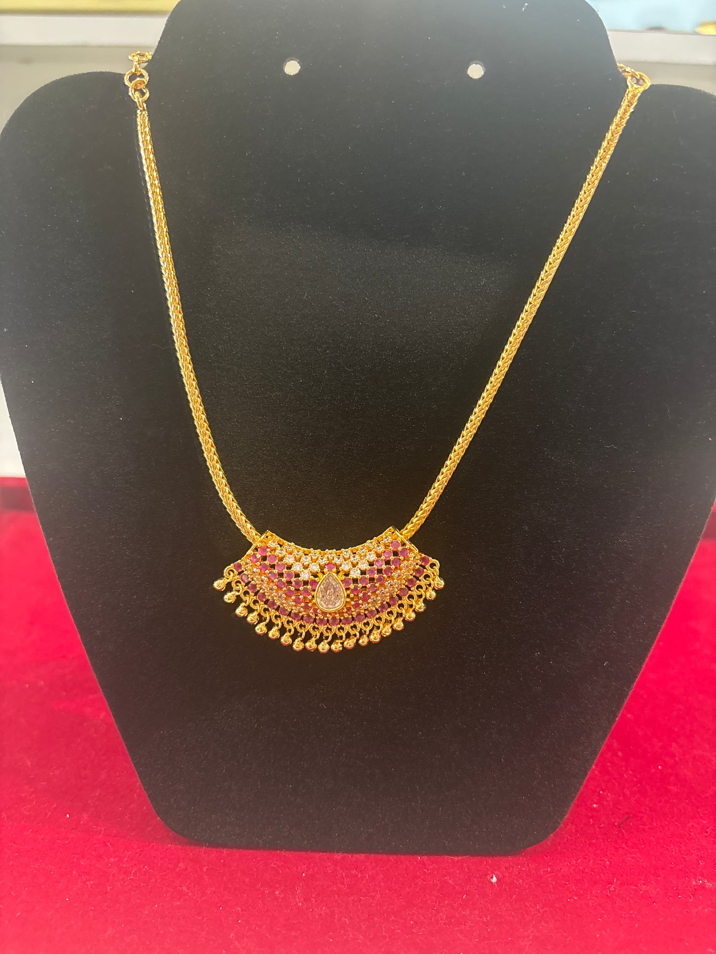 Stunning Gold Plated Crescent Pendant Necklace With Pink And White CZ Stones