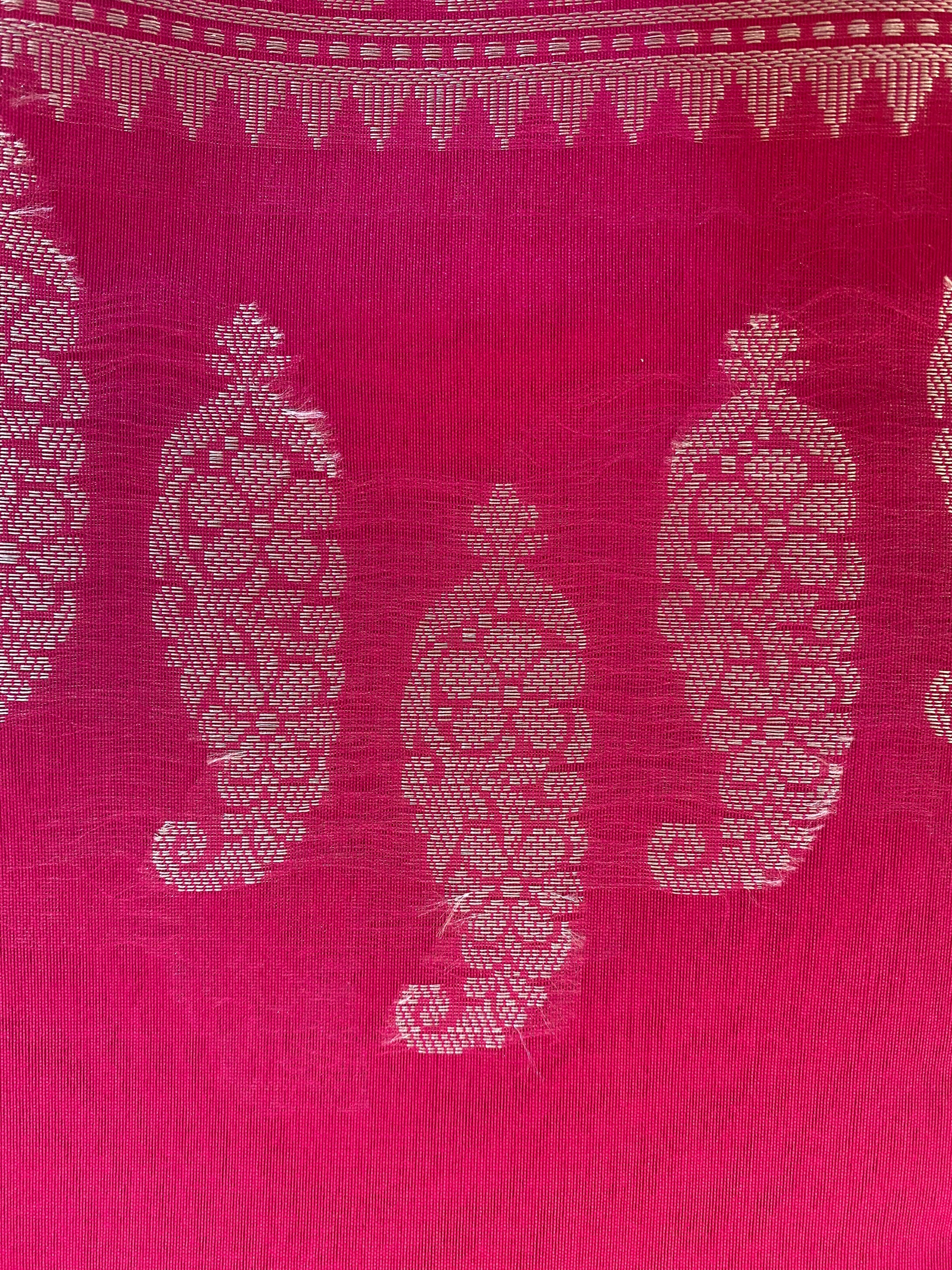 Gorgeous Hot Pink Silk Cotton Saree with Silver Jari In USA