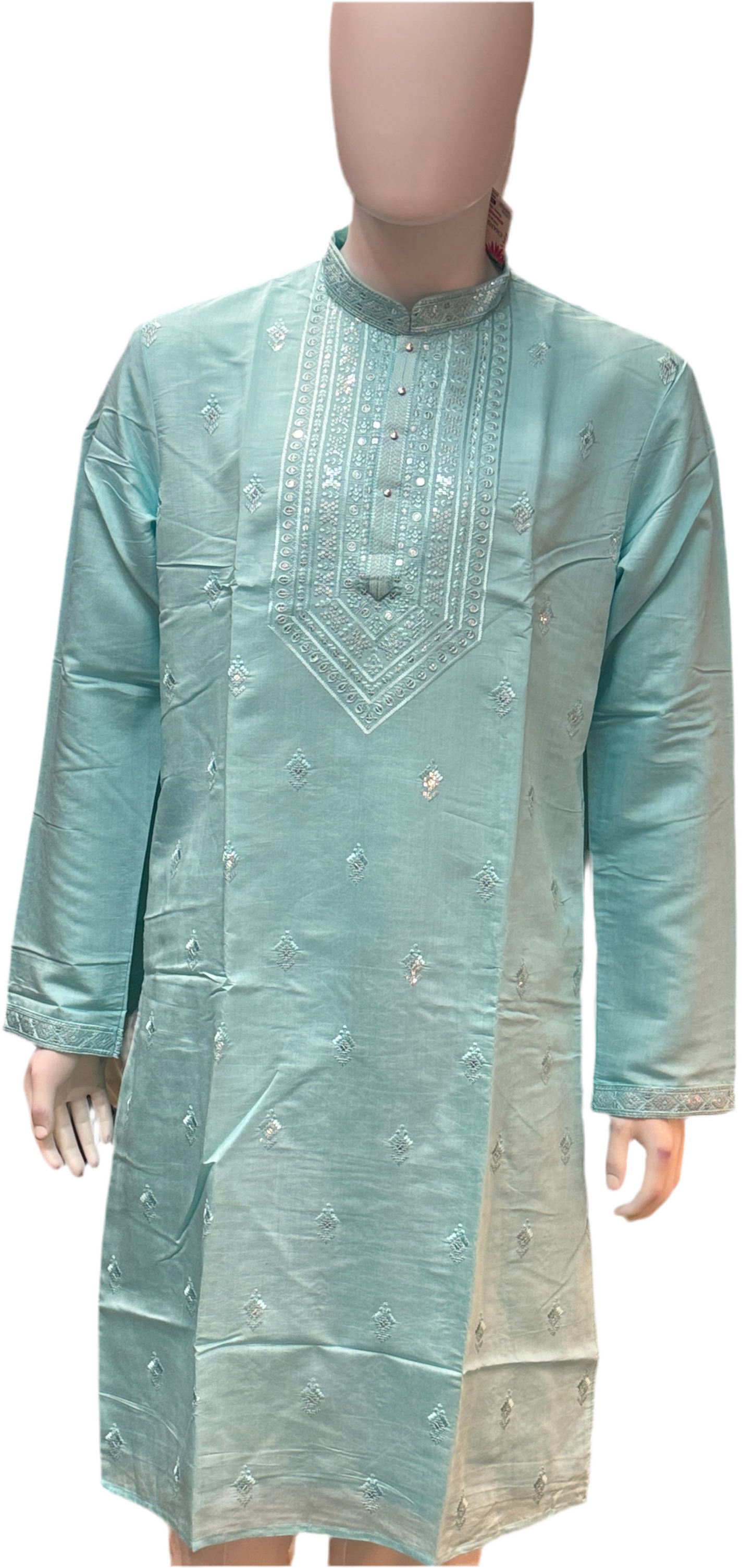 Alluring Sky Blue Color With Cotton Embroidery Work Kurta Suits For Men