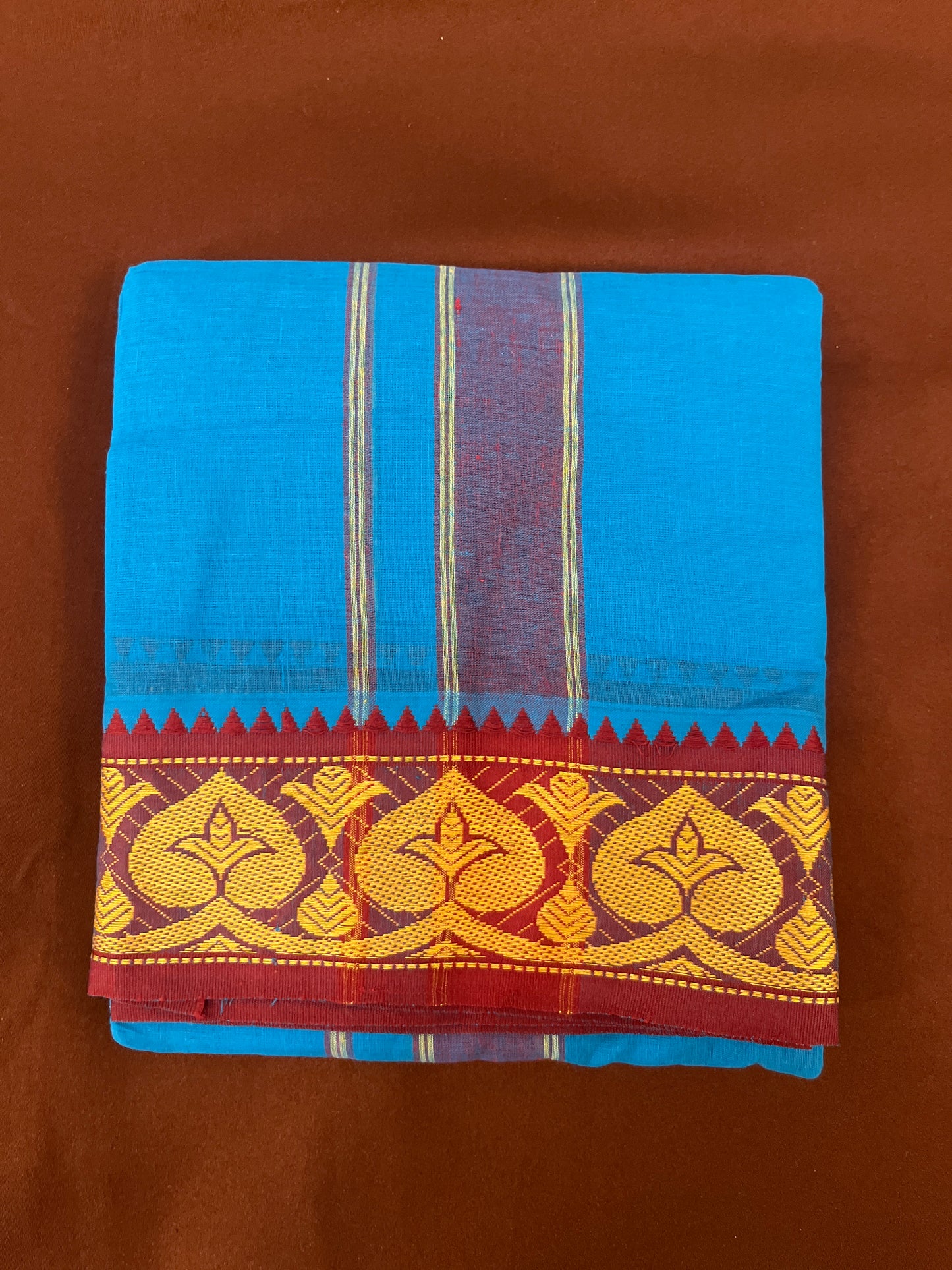 Wonderful Men's blue Premium Cotton with Maroon border Dhoti