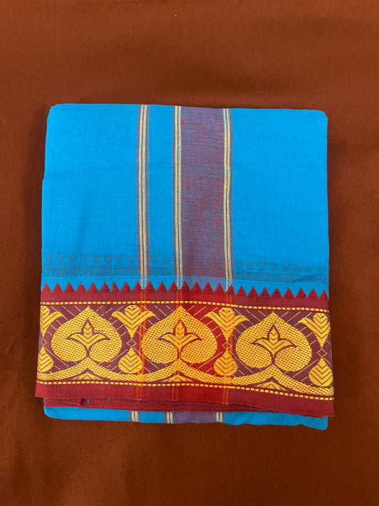 Wonderful Men's blue Premium Cotton with Maroon border Dhoti