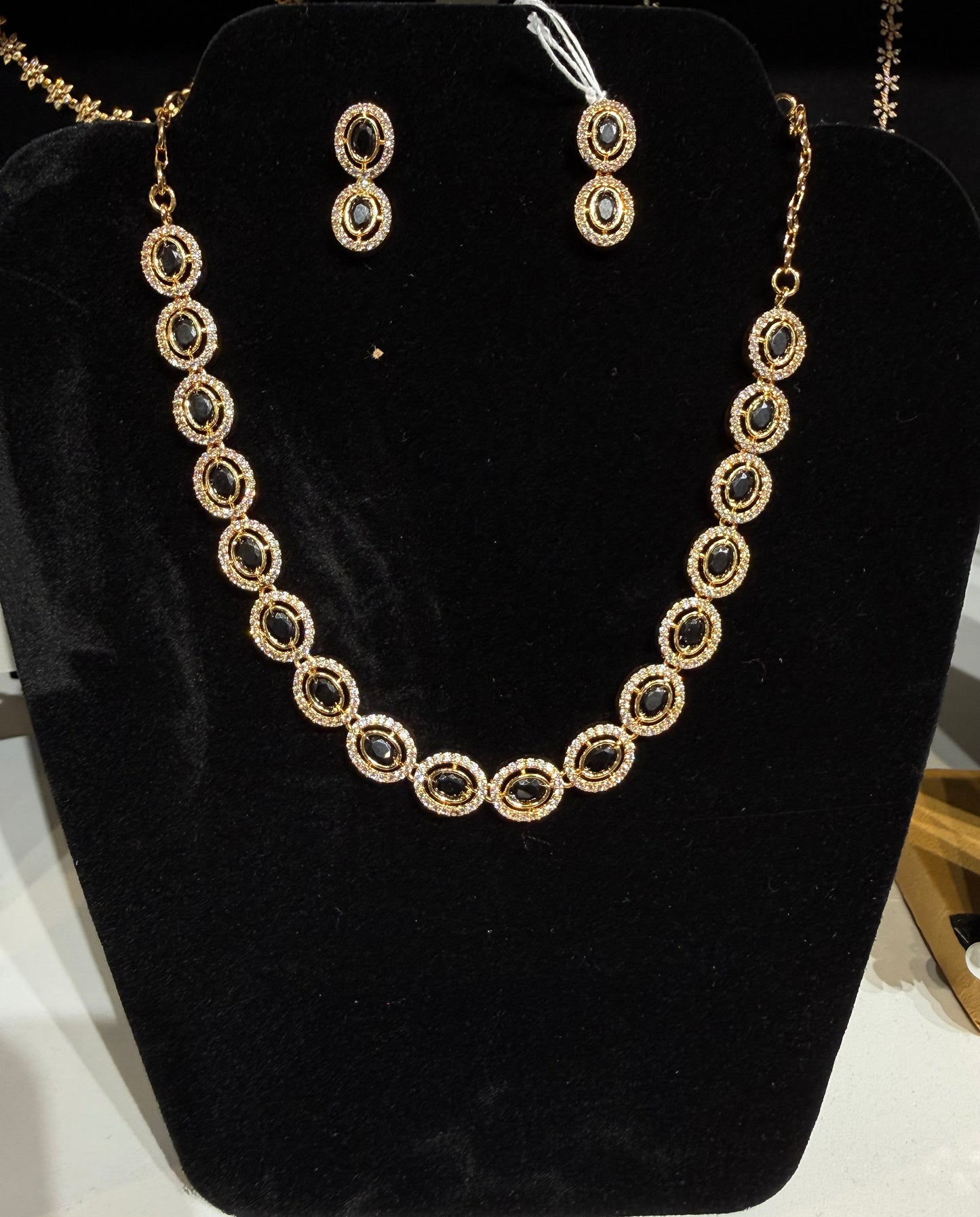 Attractive Gold Plated Black Stone Necklace Set With Earrings For Women