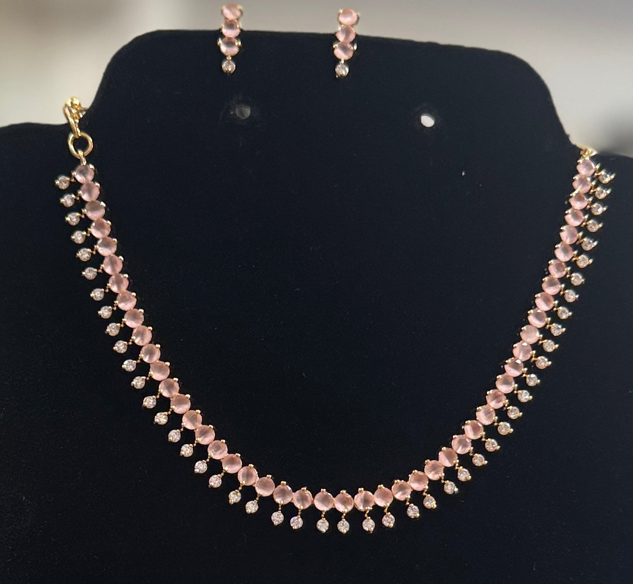 Gorgeous Pink And White Colored Stone Gold Plated Necklace With Earrings Set In USA