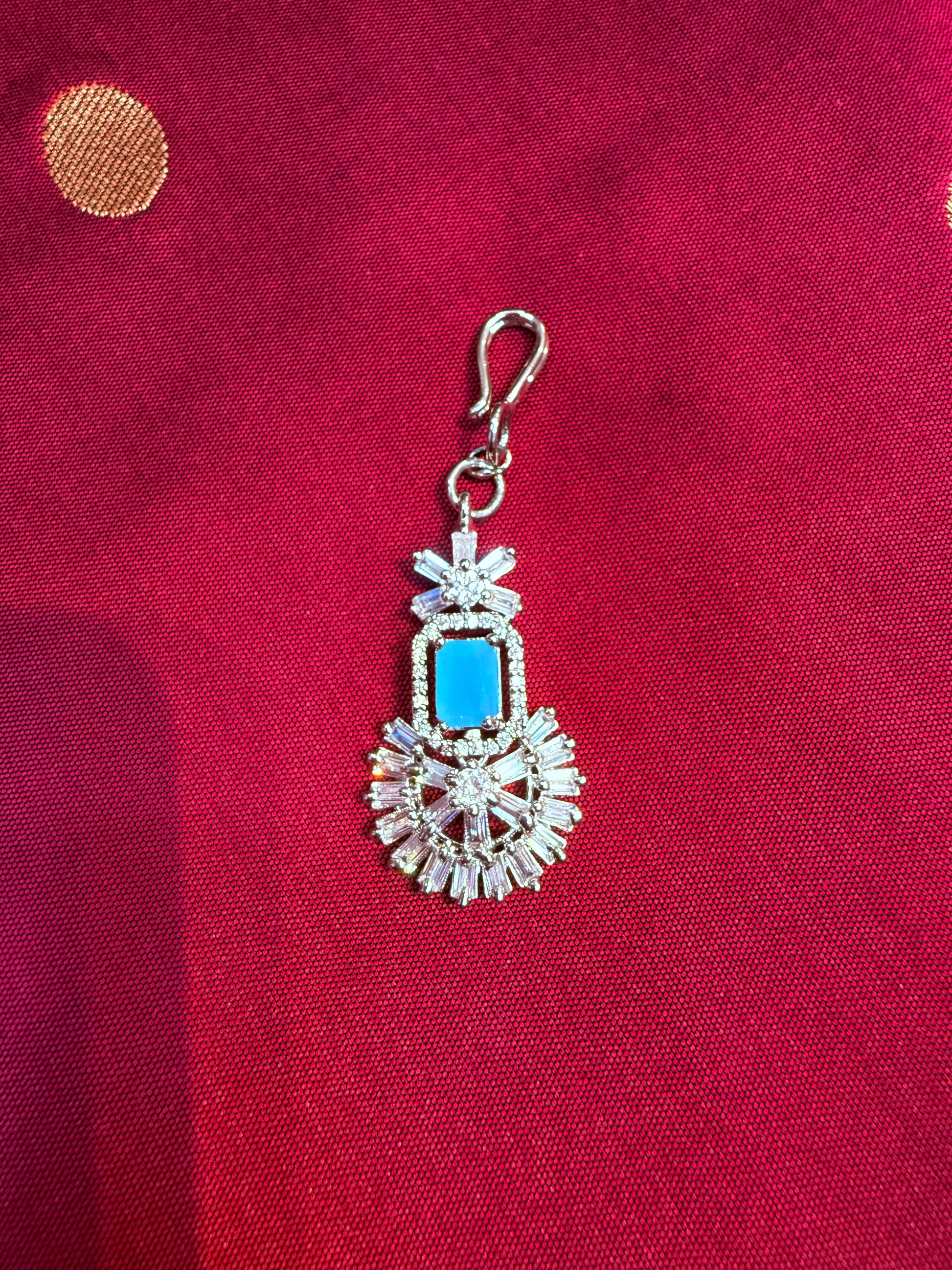Attractive Designer Sky Blue Color AD Stone Maang Tikka For Women