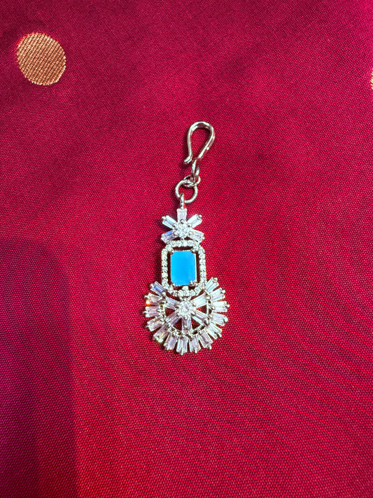 Attractive Designer Sky Blue Color AD Stone Maang Tikka For Women