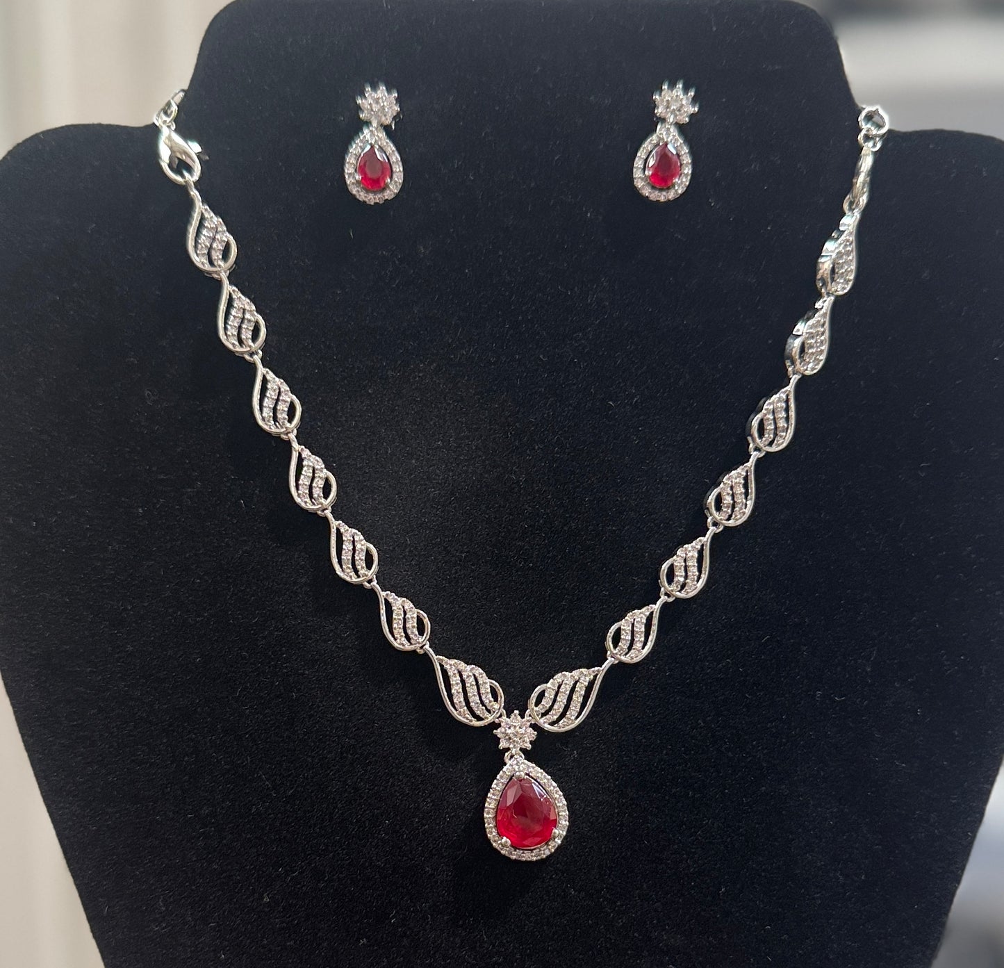 American Diamond Red Color Stones Necklace And Earrings Set Near Me