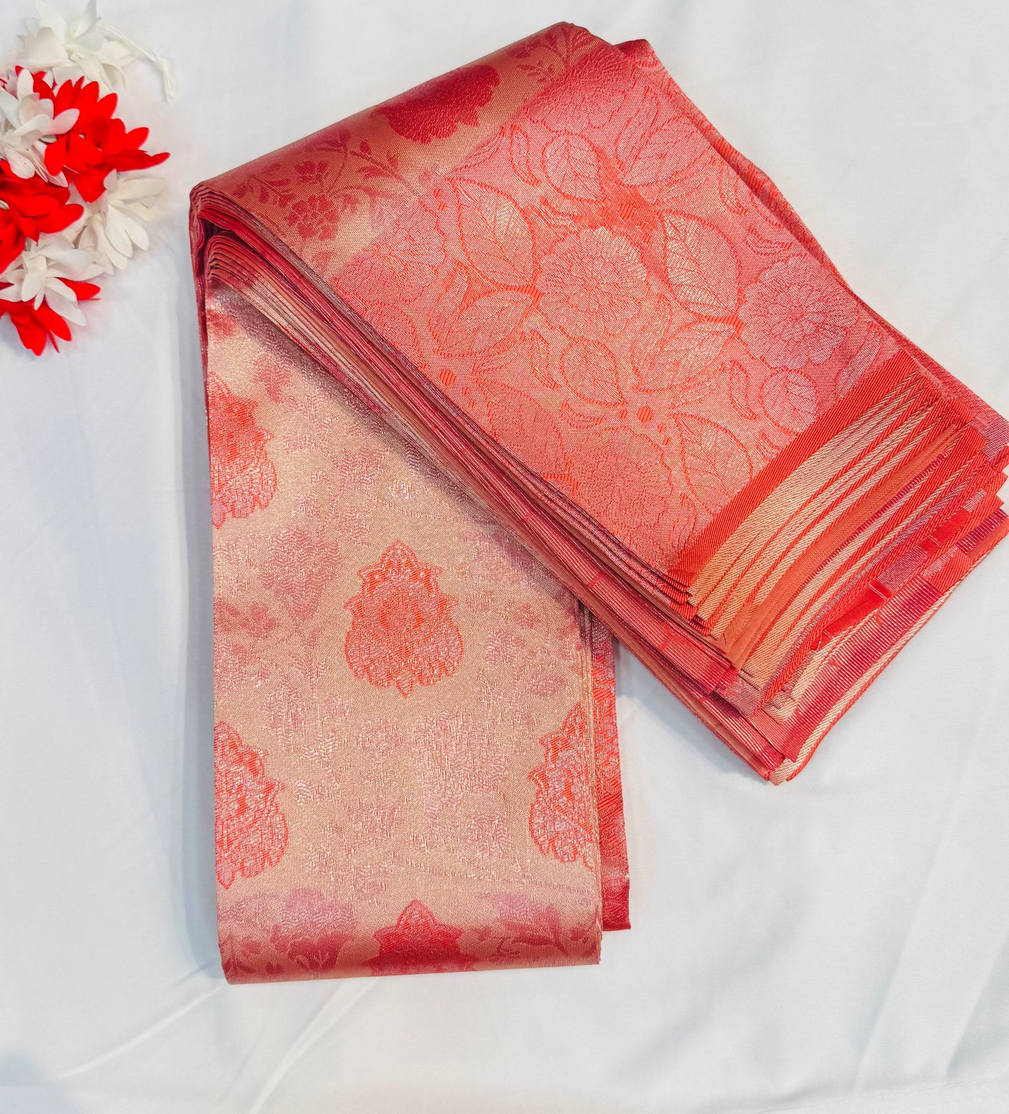 Beautiful Peach Color Flower Design Tissue Silk Saree For Women