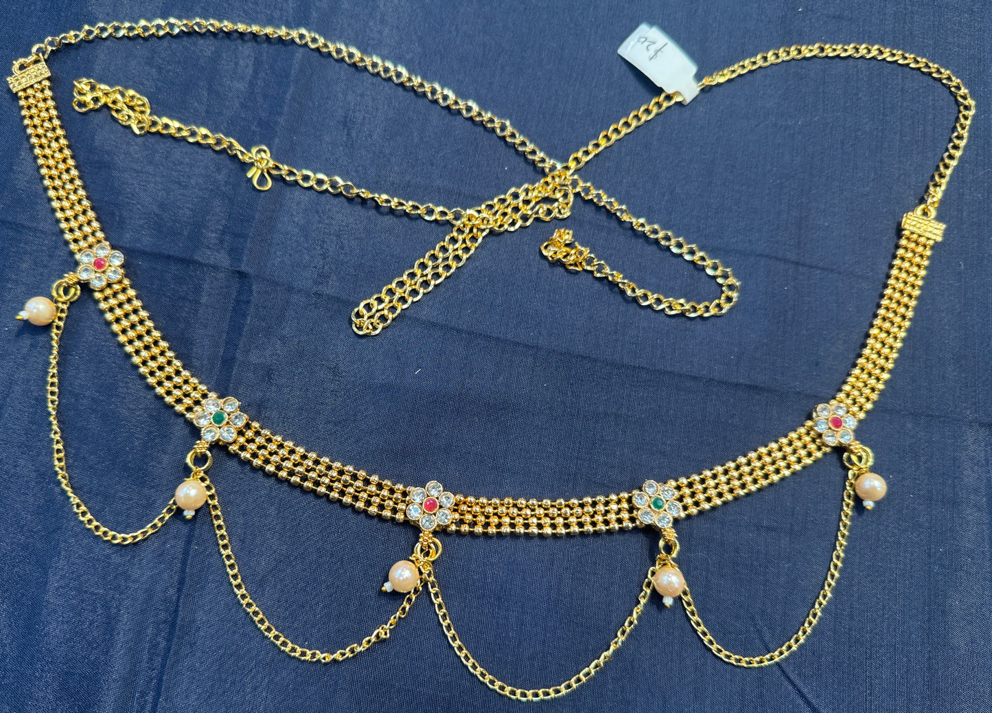 Pretty Gold Plated Beaded Red & Green Stones & Pearl Drop Hip Chain In USA