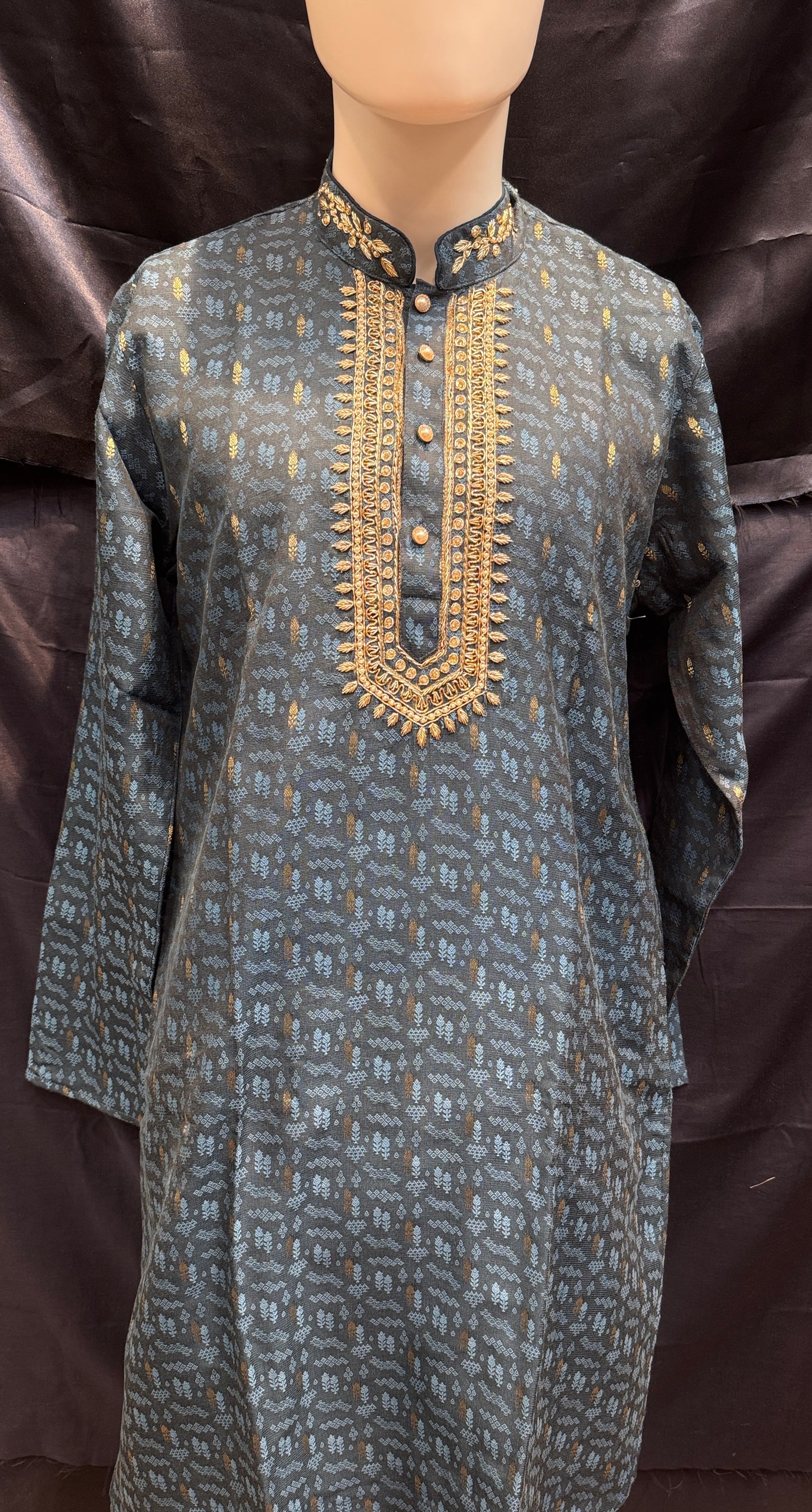 Elegant Dark Blue Color Brocade With Embroidery Work Kurta Suits For Men
