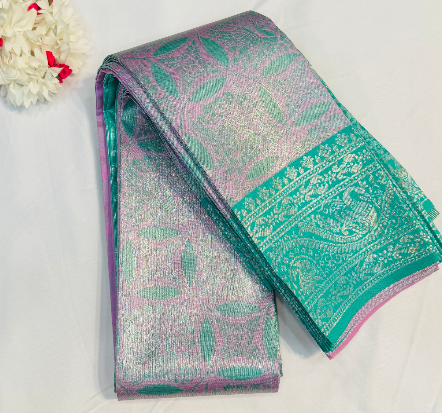 Attractive Light Pink And Light Green Color Motif Design Art Silk Saree For Women