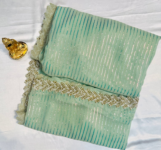 Attractive Pastel Green Color Soft Georgette Sequins With Beaded Lace Border Fancy Saree - PREMIUM QUALITY