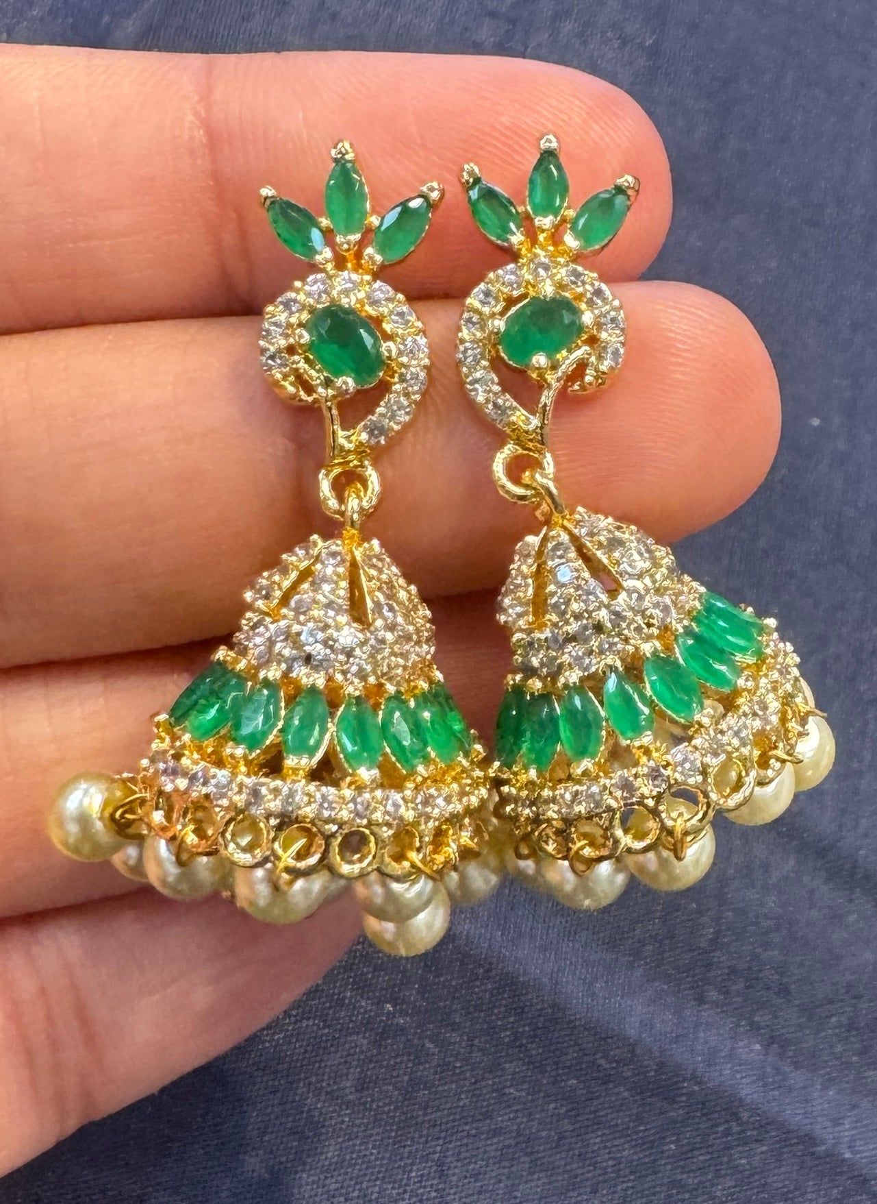 Marvelous White and Green Stones Gold Plated With Pearls Jhumka Earrings