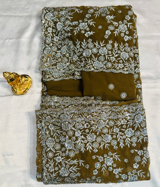 Beautiful Dark Taupe Color Georgette Silver Embroidered Work With Beads Fancy Saree - PREMIUM QUALITY