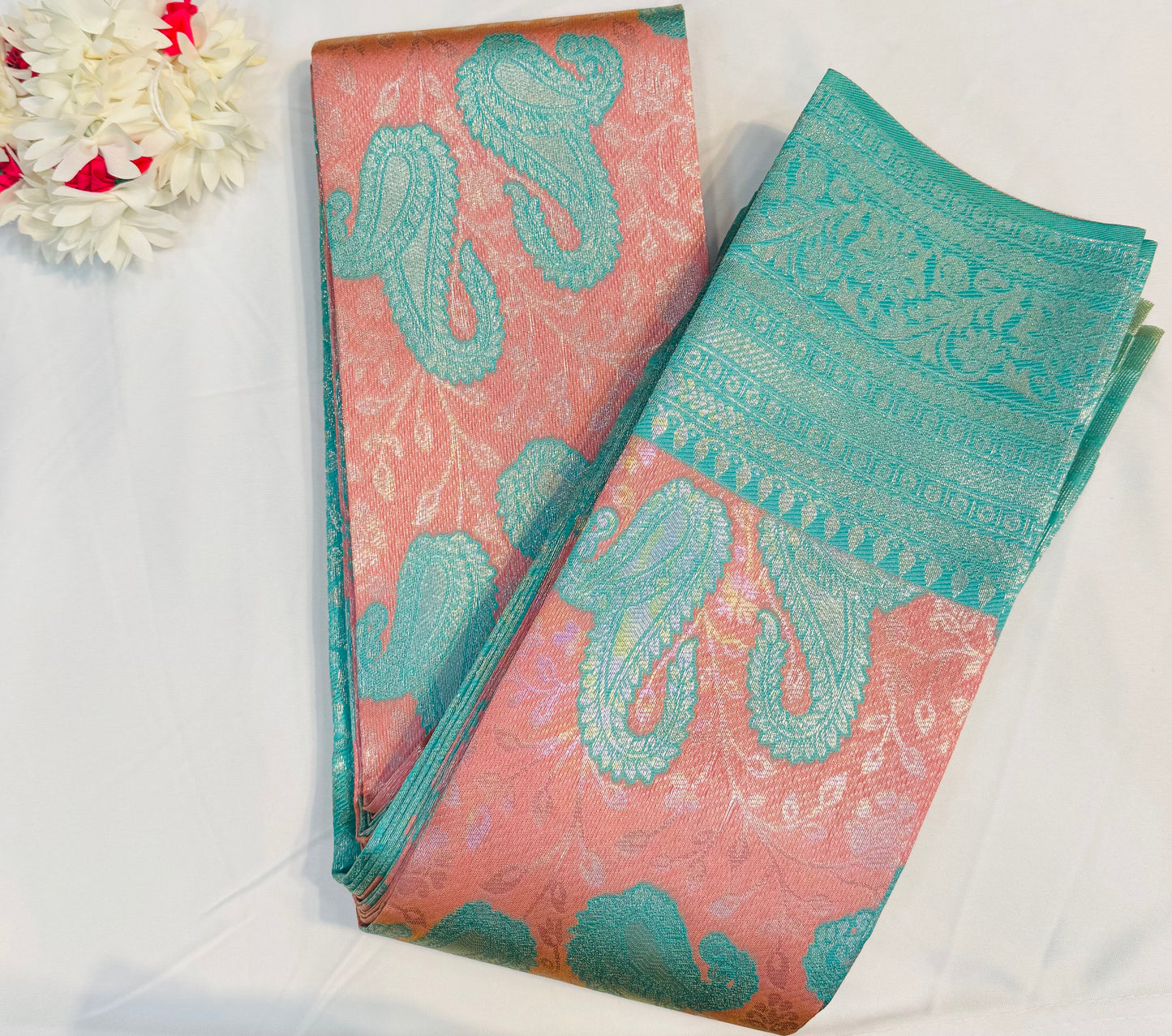Beautiful Peach With Light Blue Color Art Silk Saree For Women