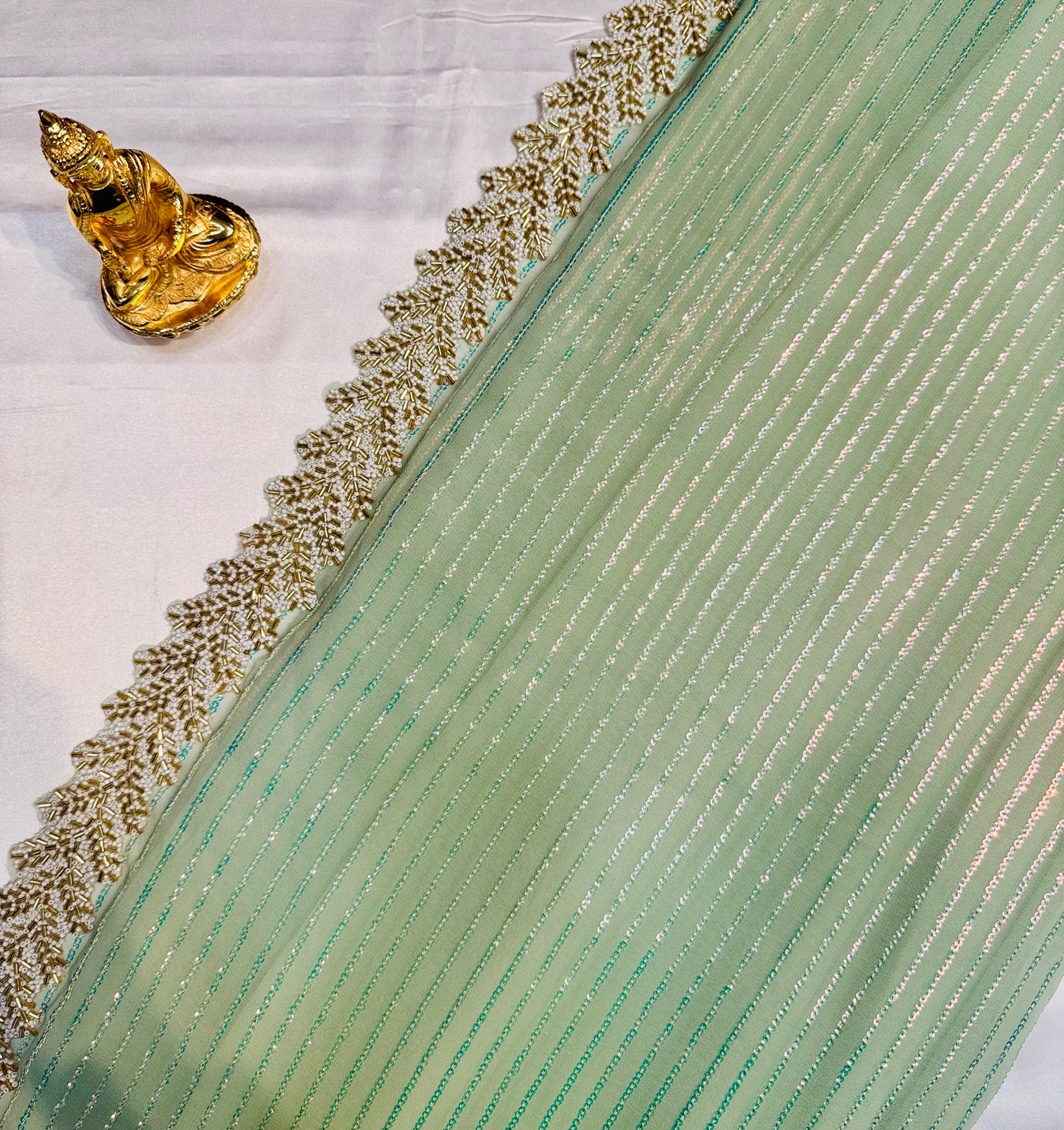 Attractive Pastel Green Color Soft Georgette Sequins With Beaded Lace Border Fancy Saree - PREMIUM QUALITY