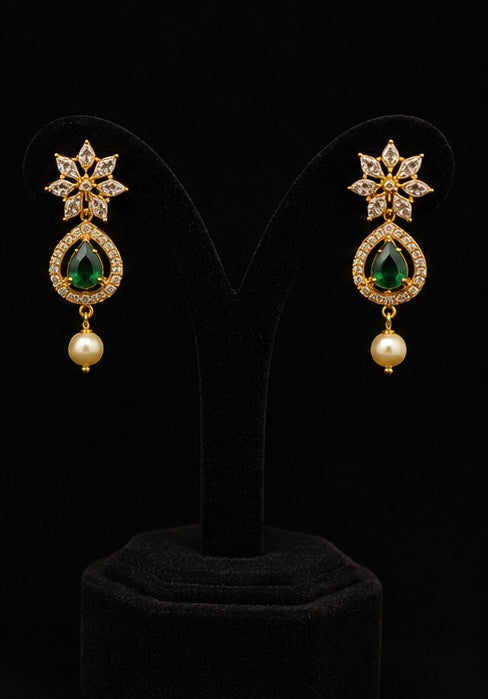 Elegant Gold Plated Long Green Stone Necklace Set with Pearl Drops and Earrings