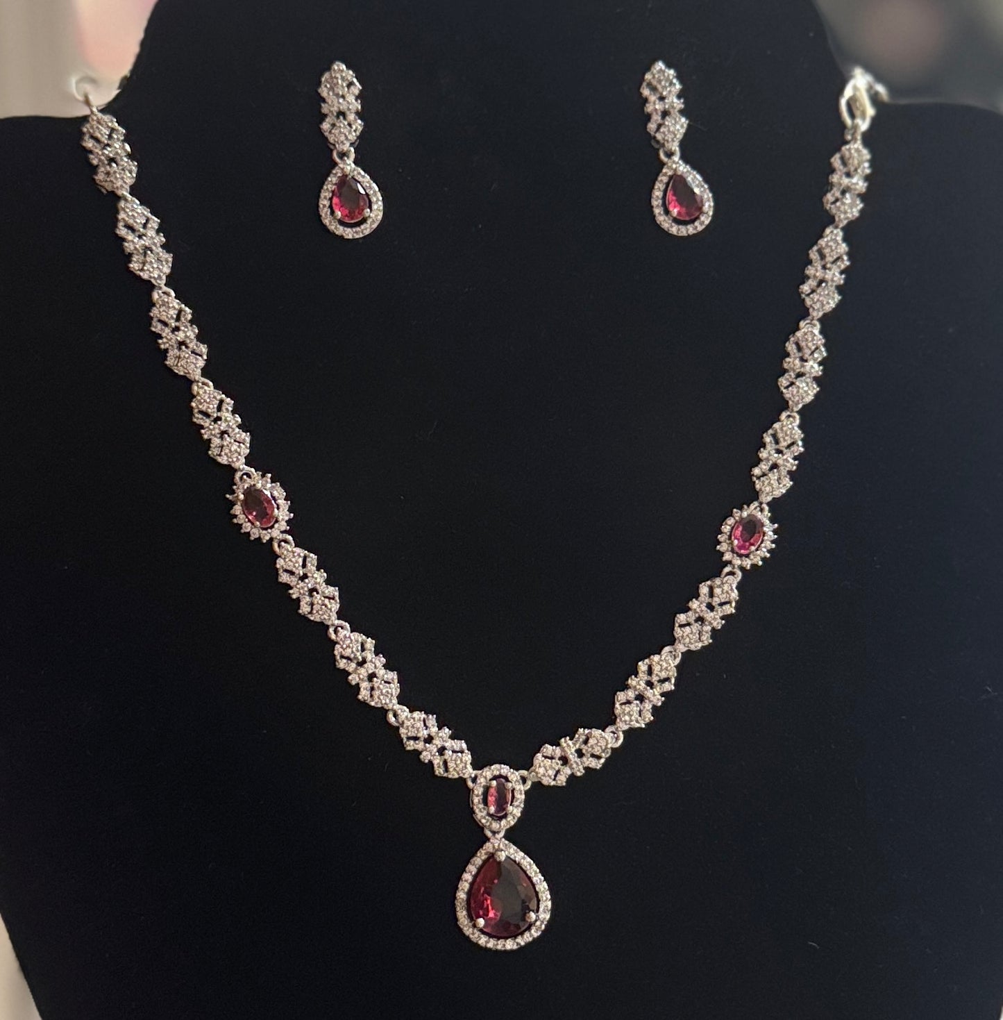 White And Red Color Stones American Diamond Necklace With Earrings In USA