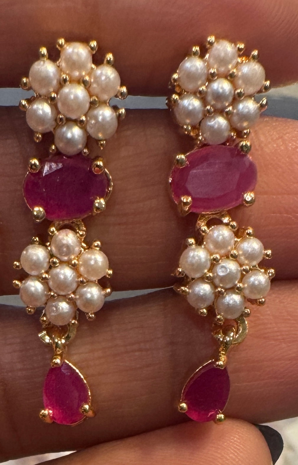 Exquisite Dark Pink Color Stone And White Pearl Gold Plated Necklace With Earrings Set In USA