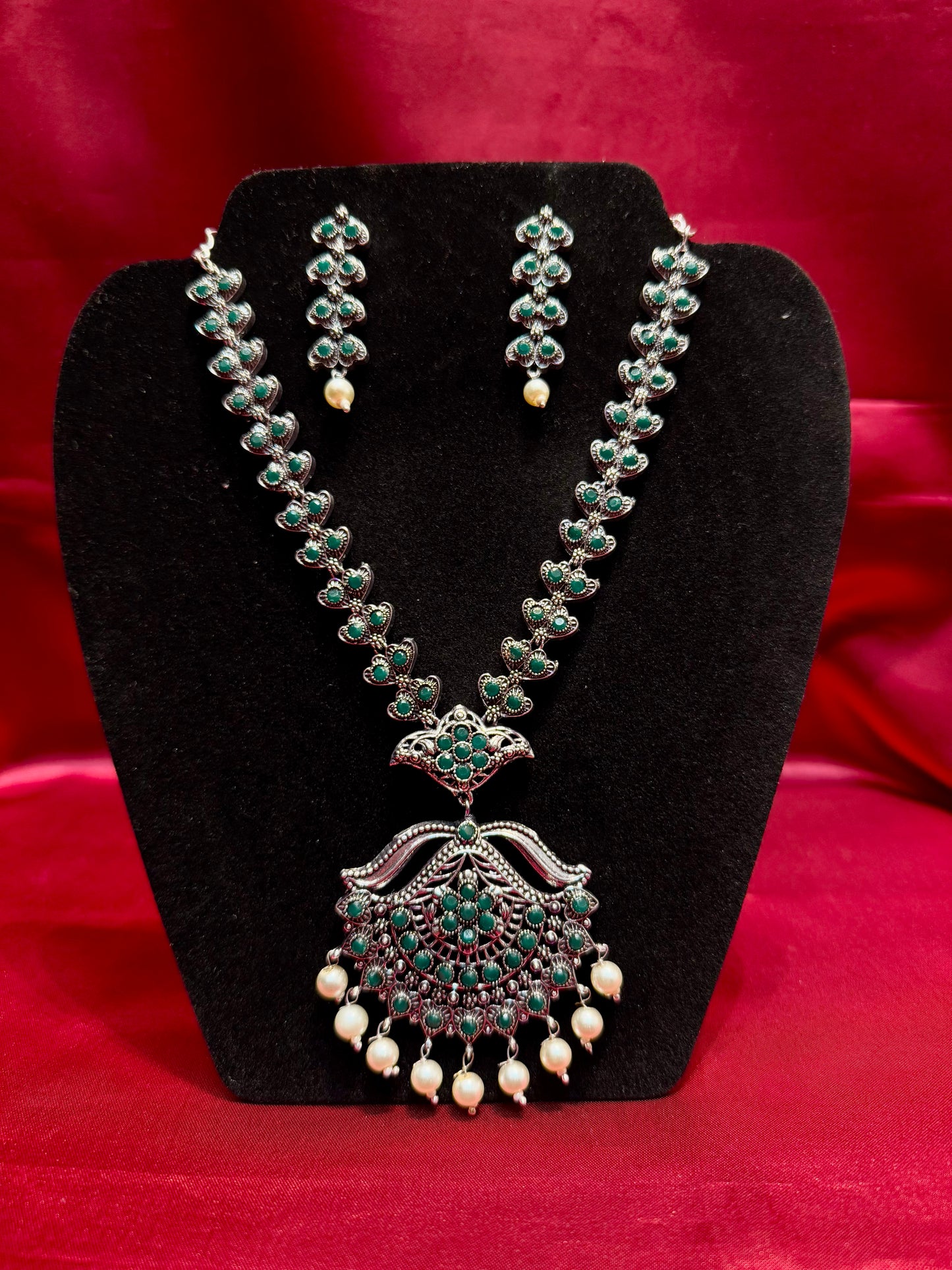 Oxidized Pearl Beaded Necklace With Earrings Set In USA