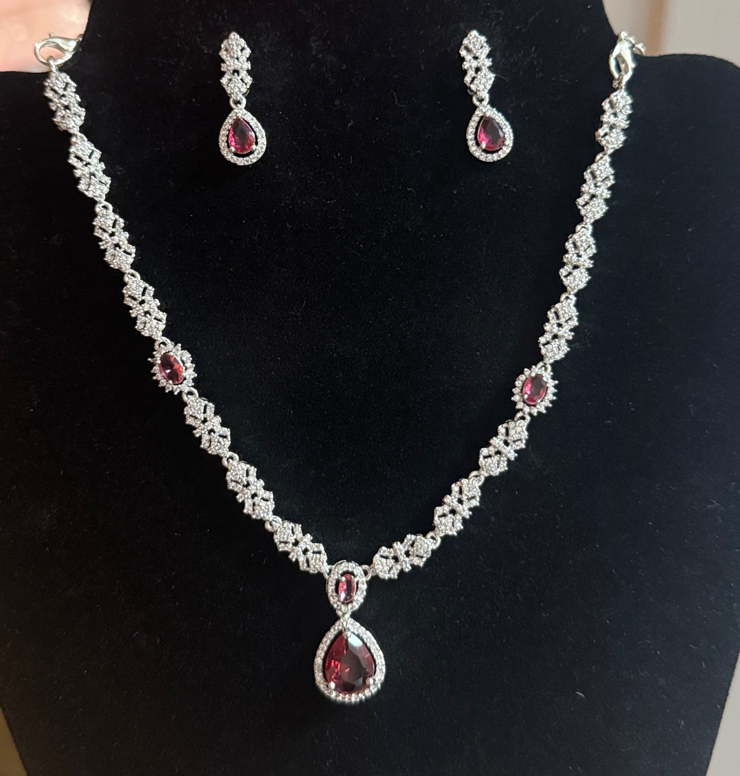 White And Red Color Stones American Diamond Necklace With Earrings Near Me