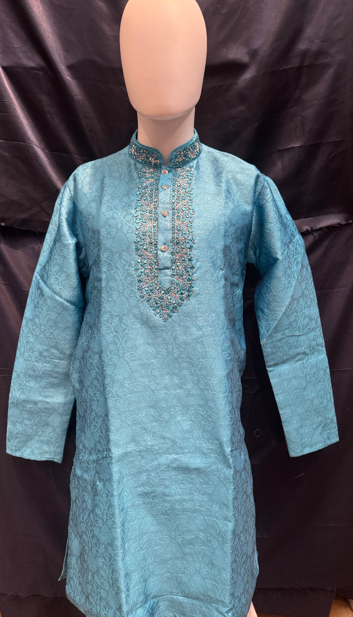 Delightful Teal Blue Color Cotton With Embroidery Work Designer Men's Kurta With Pajama Pant
