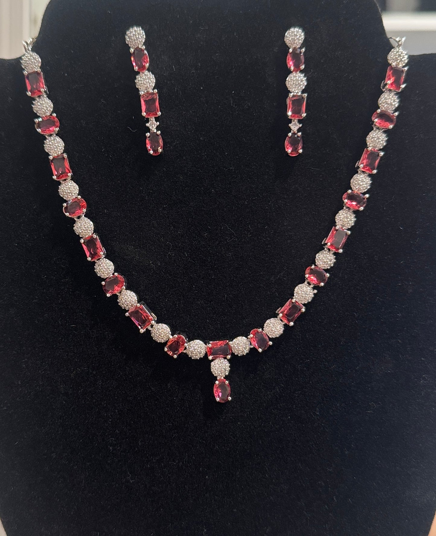 Attractive American Diamond Pink And White Color Stones Necklace And Earrings Set In USA