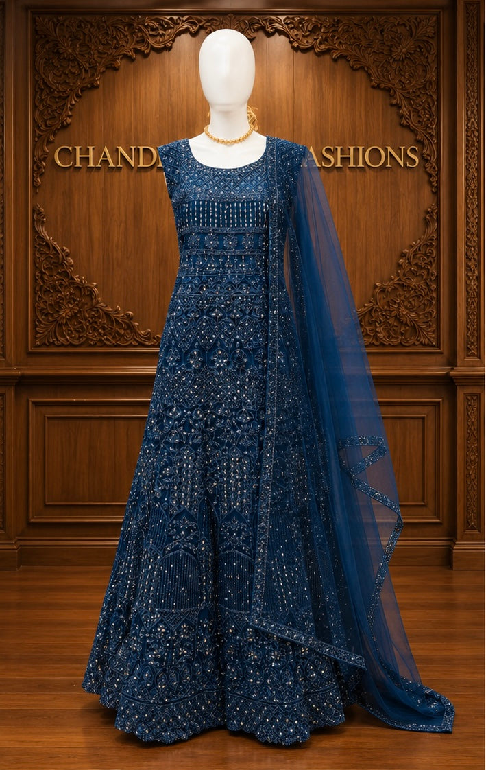 Terrific Dark Blue Color Georgette With Embroidery And Mirror Work Anarkali Gown For Women