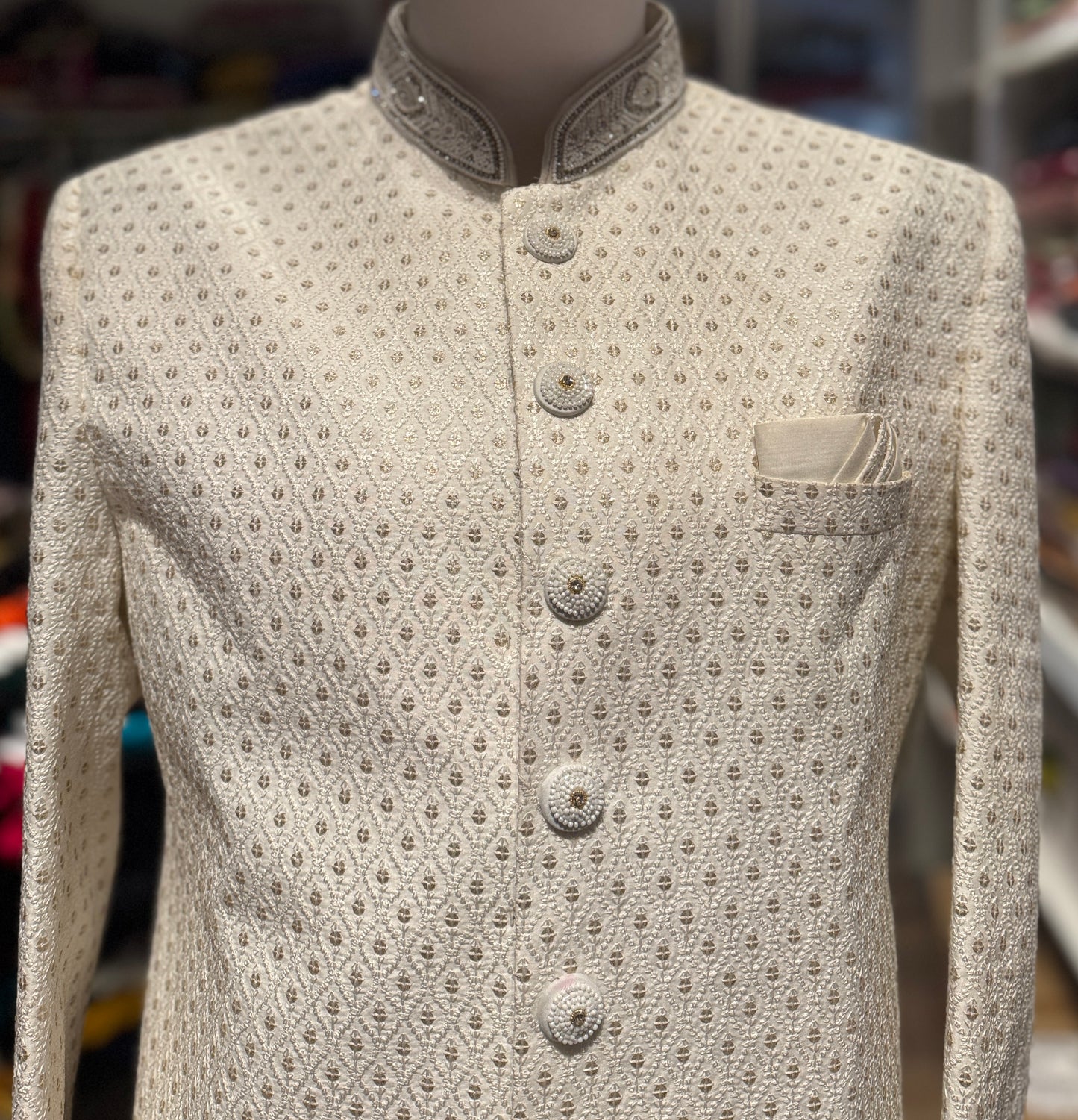 White Color Jacquard With Hand Embroidery Work Sherwani Suit In USA