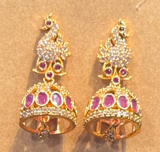Beautiful Dark Pink Color Peacock Shaped Gold Plated Earrings Near Me