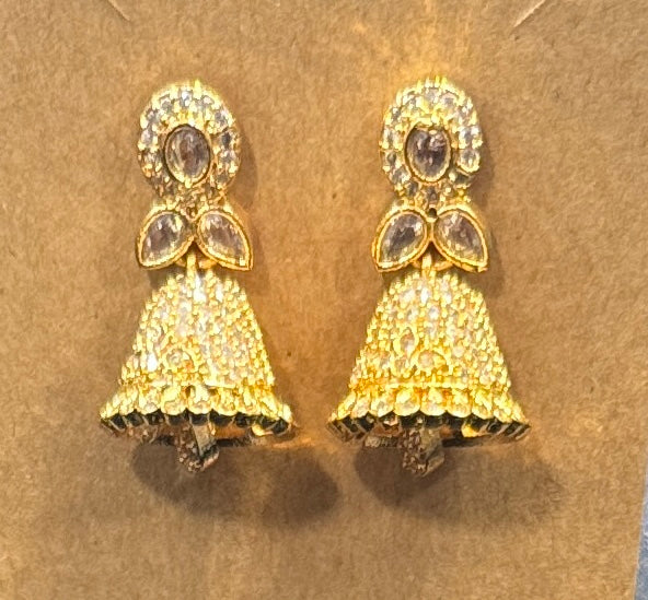 Alluring Doll Shaped Gold Plated Jhumka Earrings With White Stones Near Me