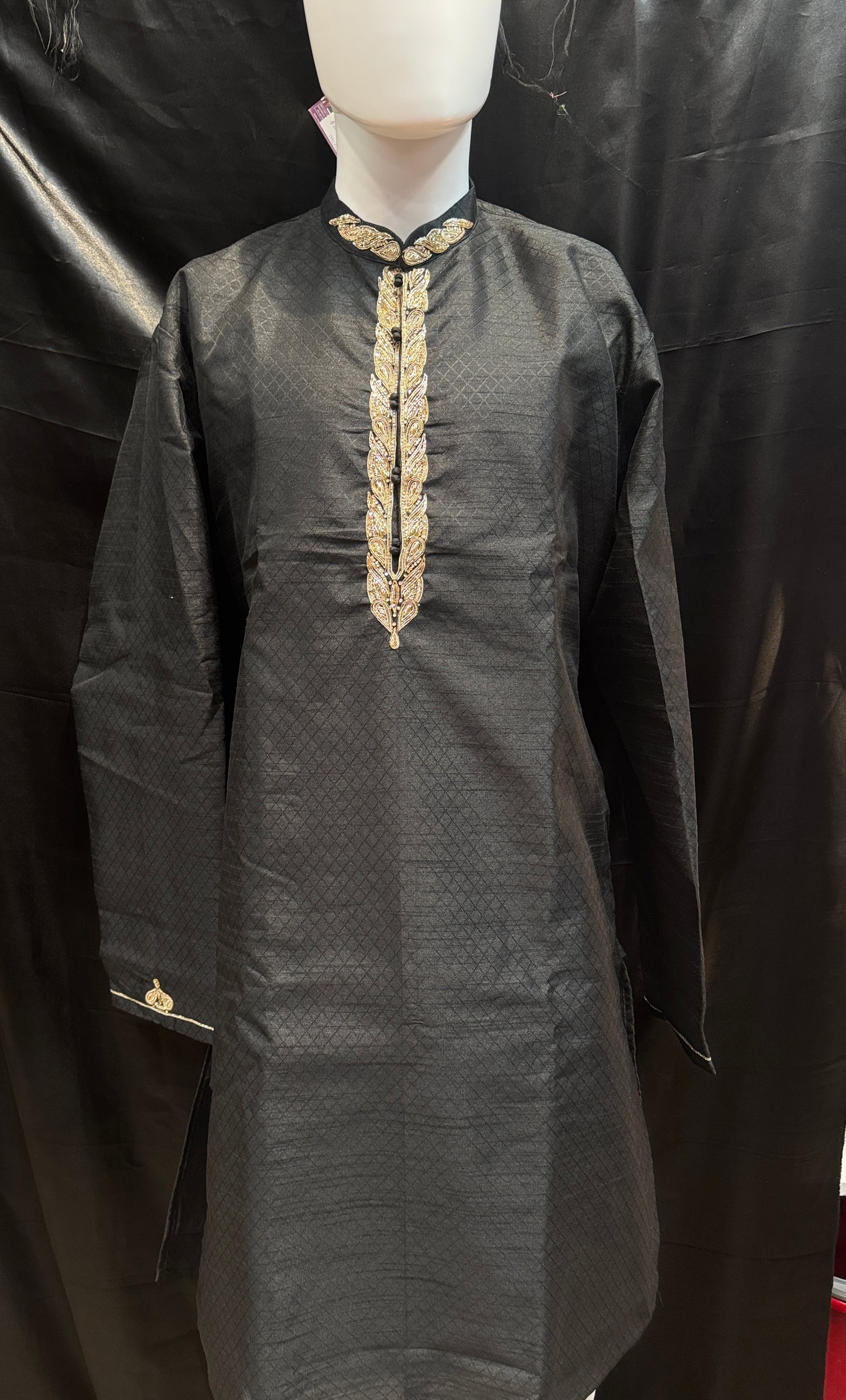 Elegant Black Color Hand Work Zardozi Embroidery Kurta With Pajama Pants For Men