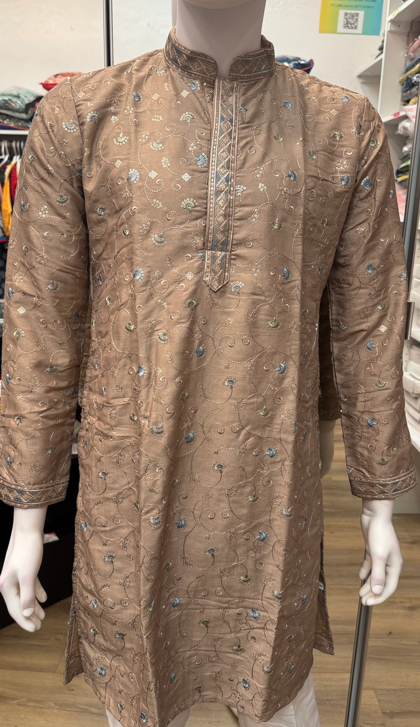 Appealing Brown Color Silk Kurta Suit With Embroidery Flower Work For Men