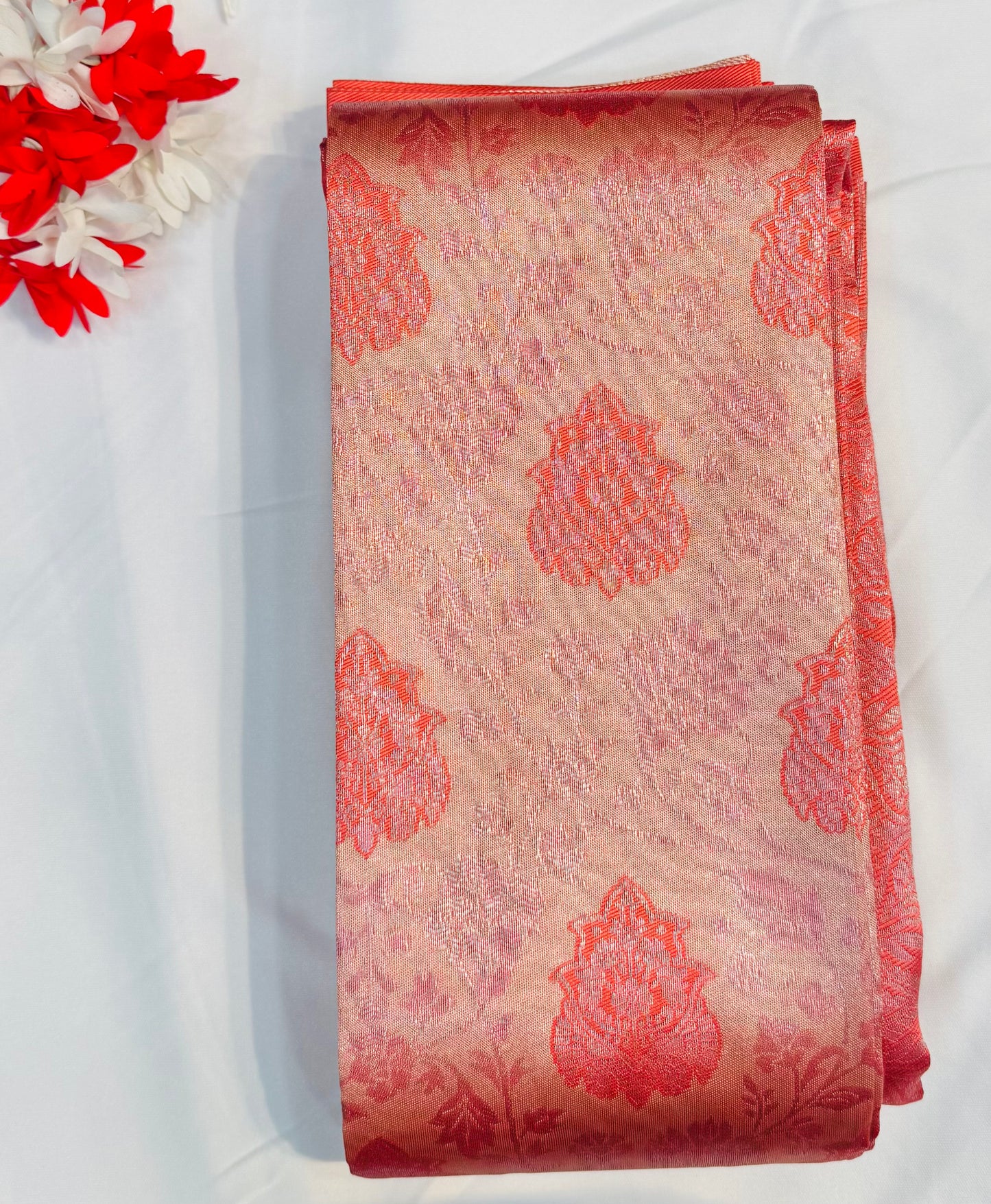 Beautiful Peach Color Flower Design Tissue Silk Saree For Women