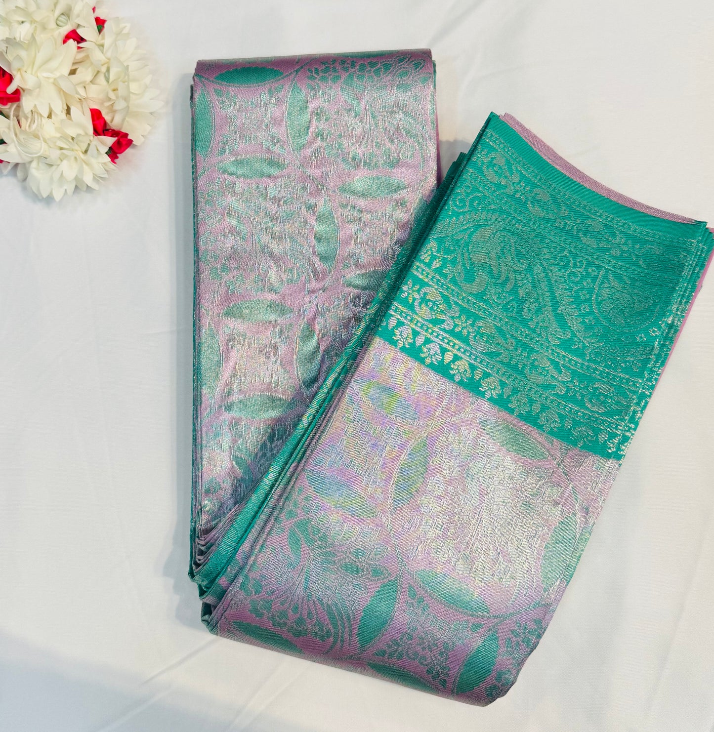 Attractive Light Pink And Light Green Color Motif Design Art Silk Saree For Women