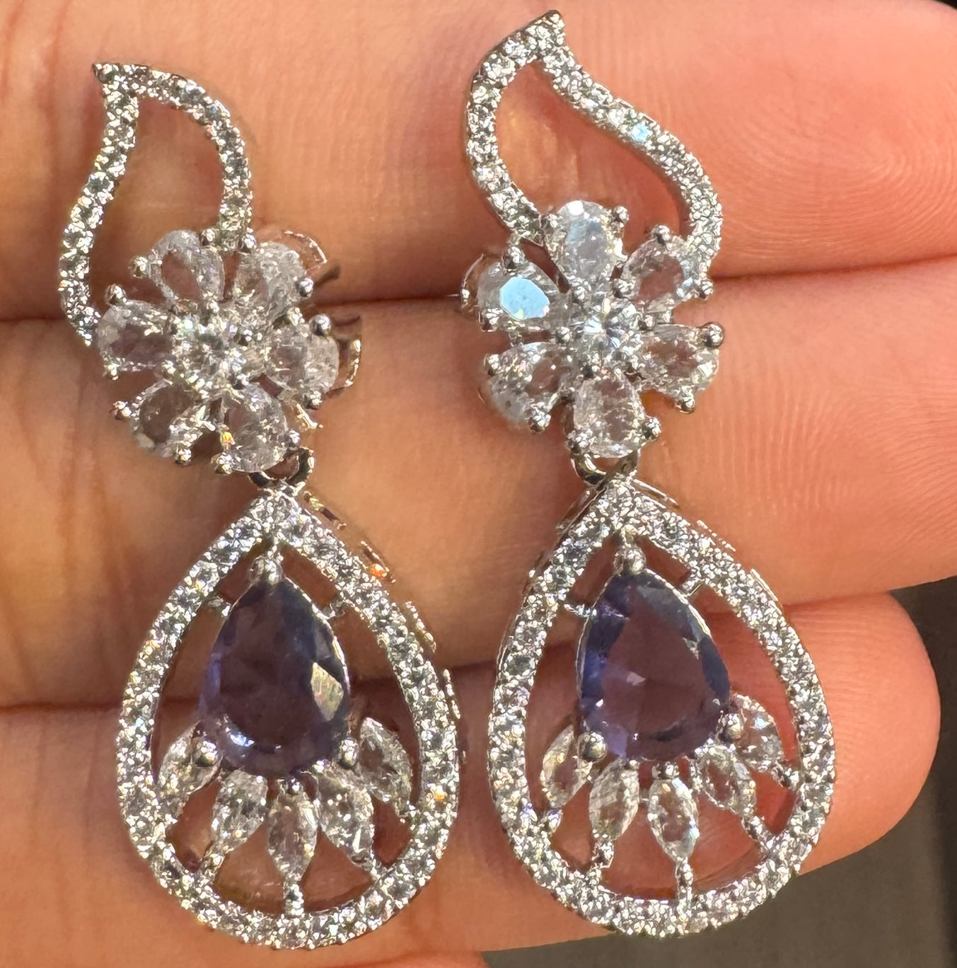 Dazzling White and Purple Stones Gold American Diamond Earrings