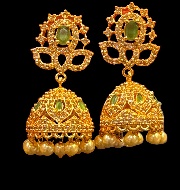 Pretty Green Stones Gold Plated With Pearls Jhumkas