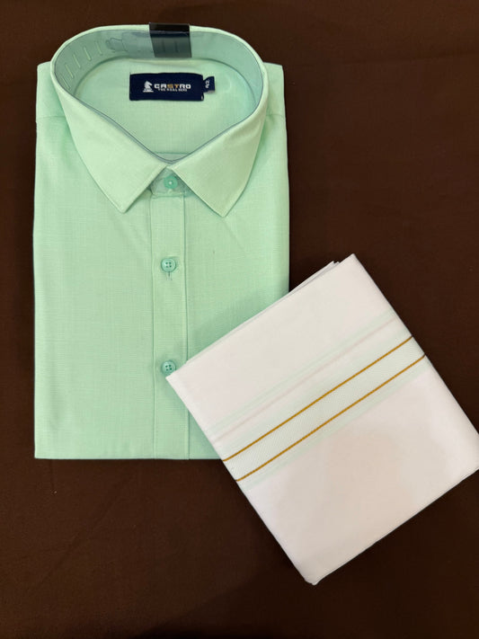 Beautiful Pastel Green Color Mens Cotton Shirt Border Dhoti
