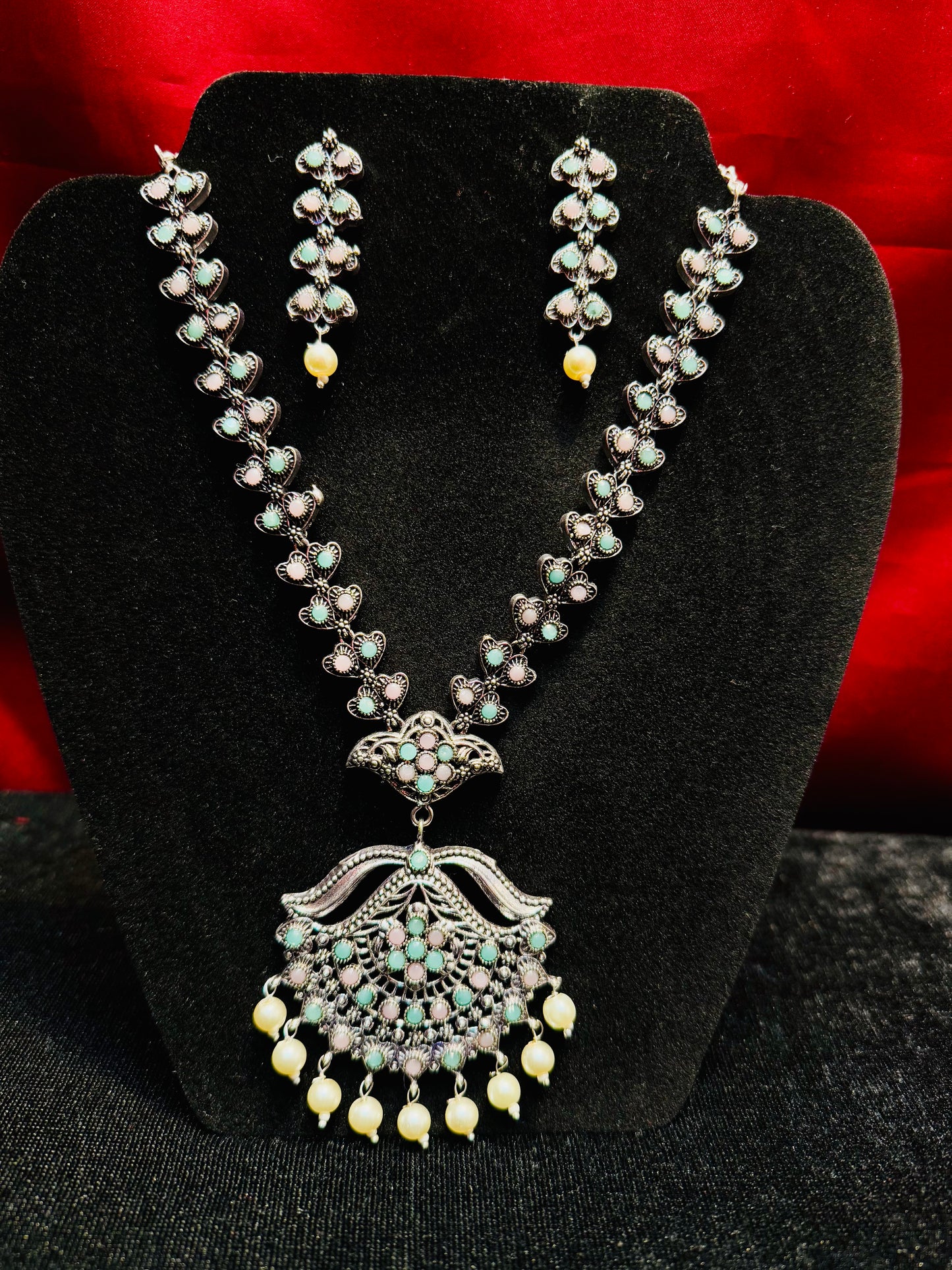 Charming Multi Colored With White Beads Oxidized Necklace With Earrings Sets Near Me