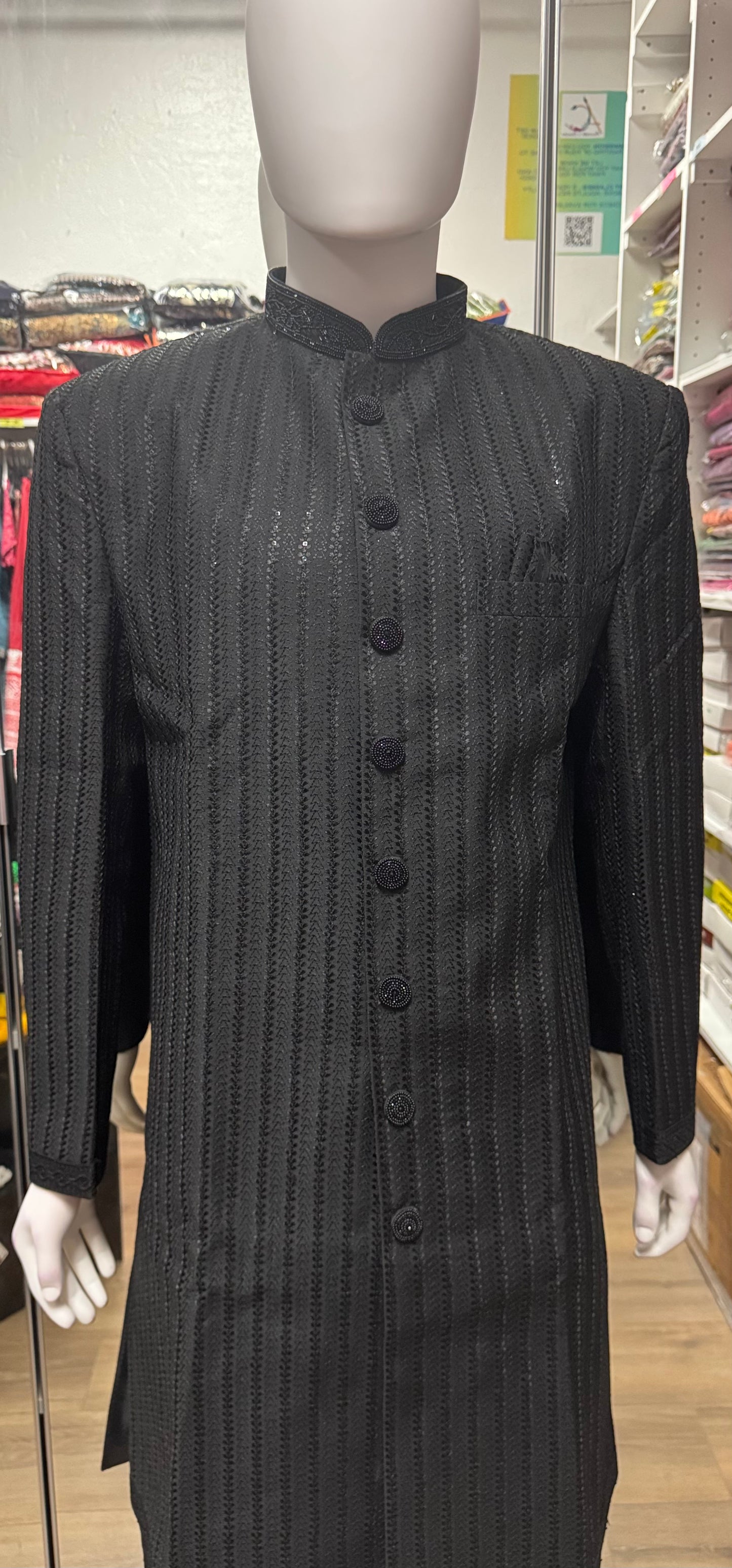 Premium Designer Vivaah Hand Embroidery Silk Sherwani Suit For Men - Black